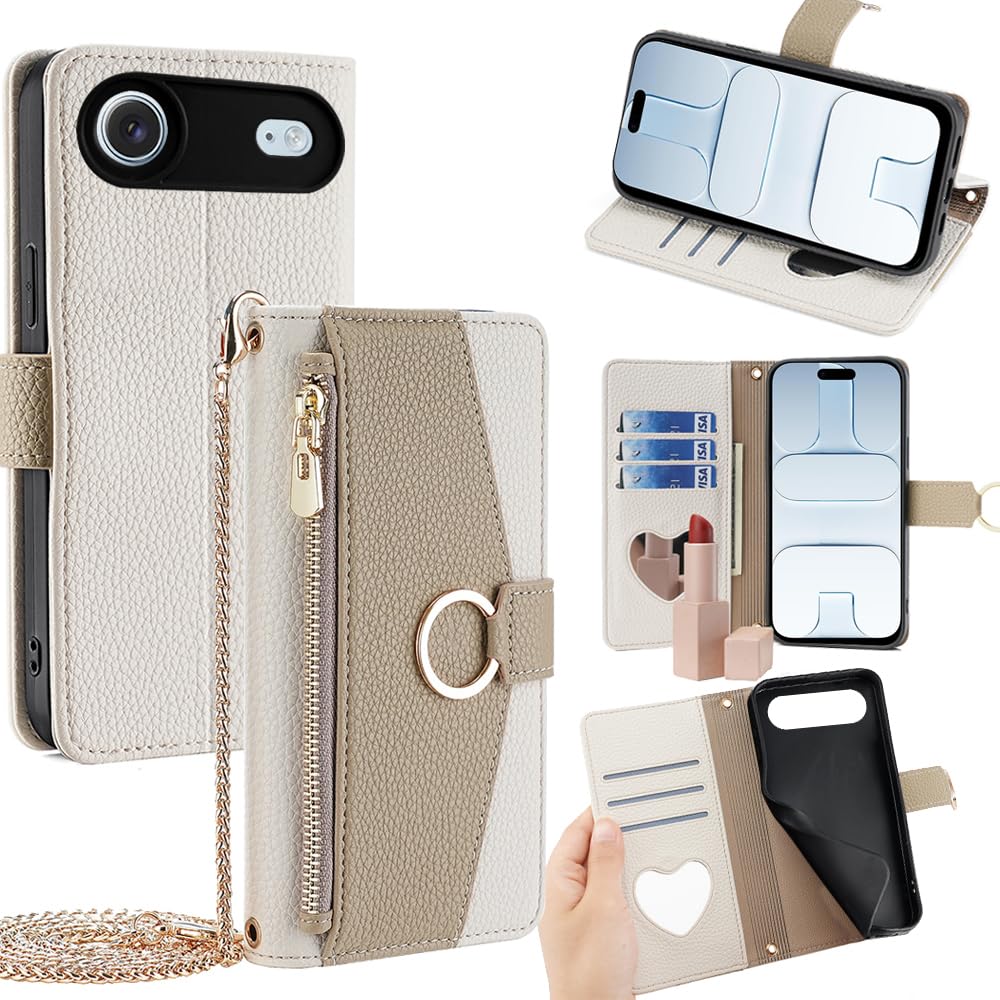 Etui portfelowe do TCL 30T/T603DL etui z klapką na telefon z paskiem crossbody, magnetyczna kieszeń na zamek błyskawiczny, lusterko do makijażu, skóra PU, odporna na wstrząsy z podpórką, biała