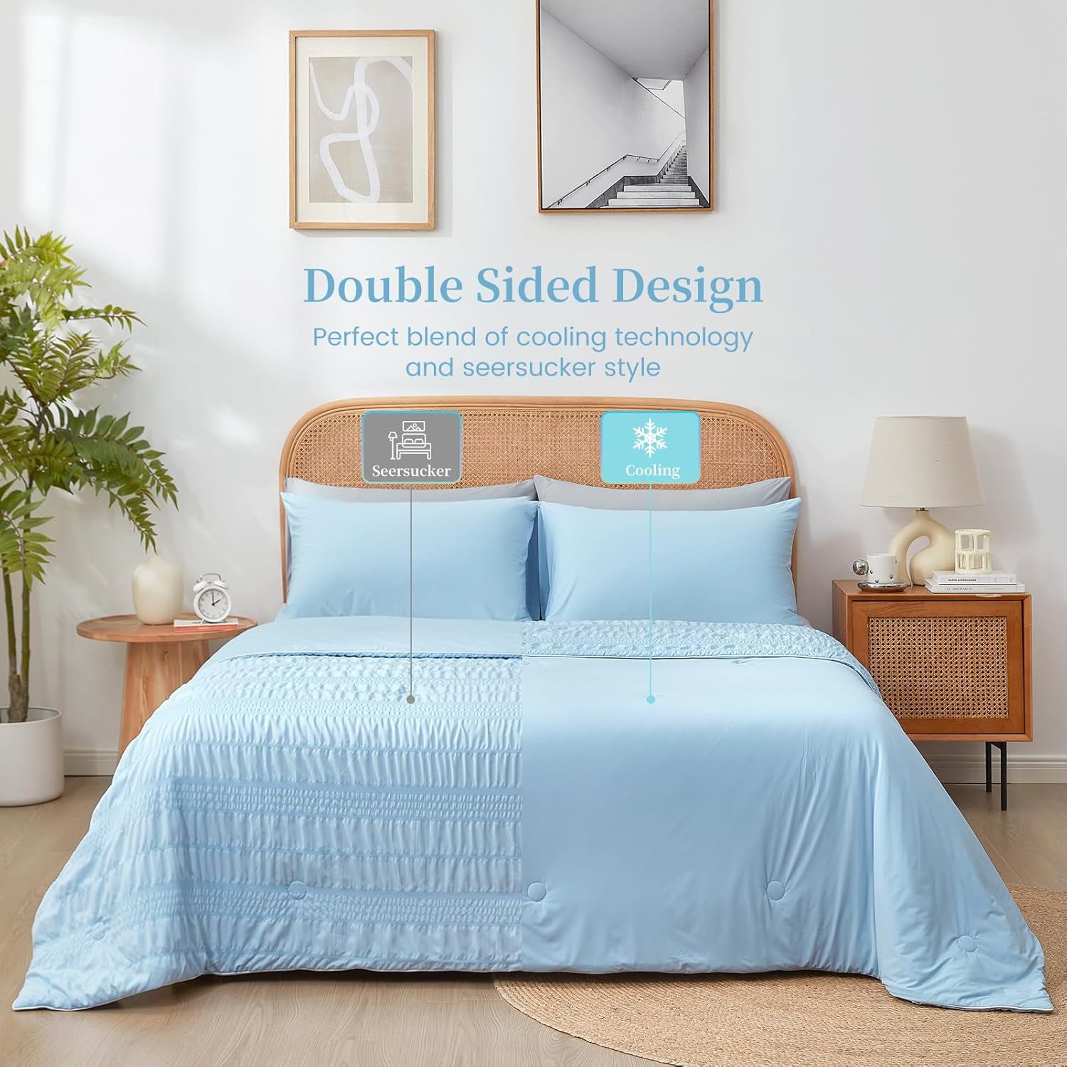 Cozy Bliss Seersucker Cooling Comforter Queen Size, Q-Max 0.4 Reversible Lightweight Cooling Blanket, Breathable Silk Smooth Summer Bedding Quilt for Hot Sleepers Night Sweats Cold Blue - Image 3