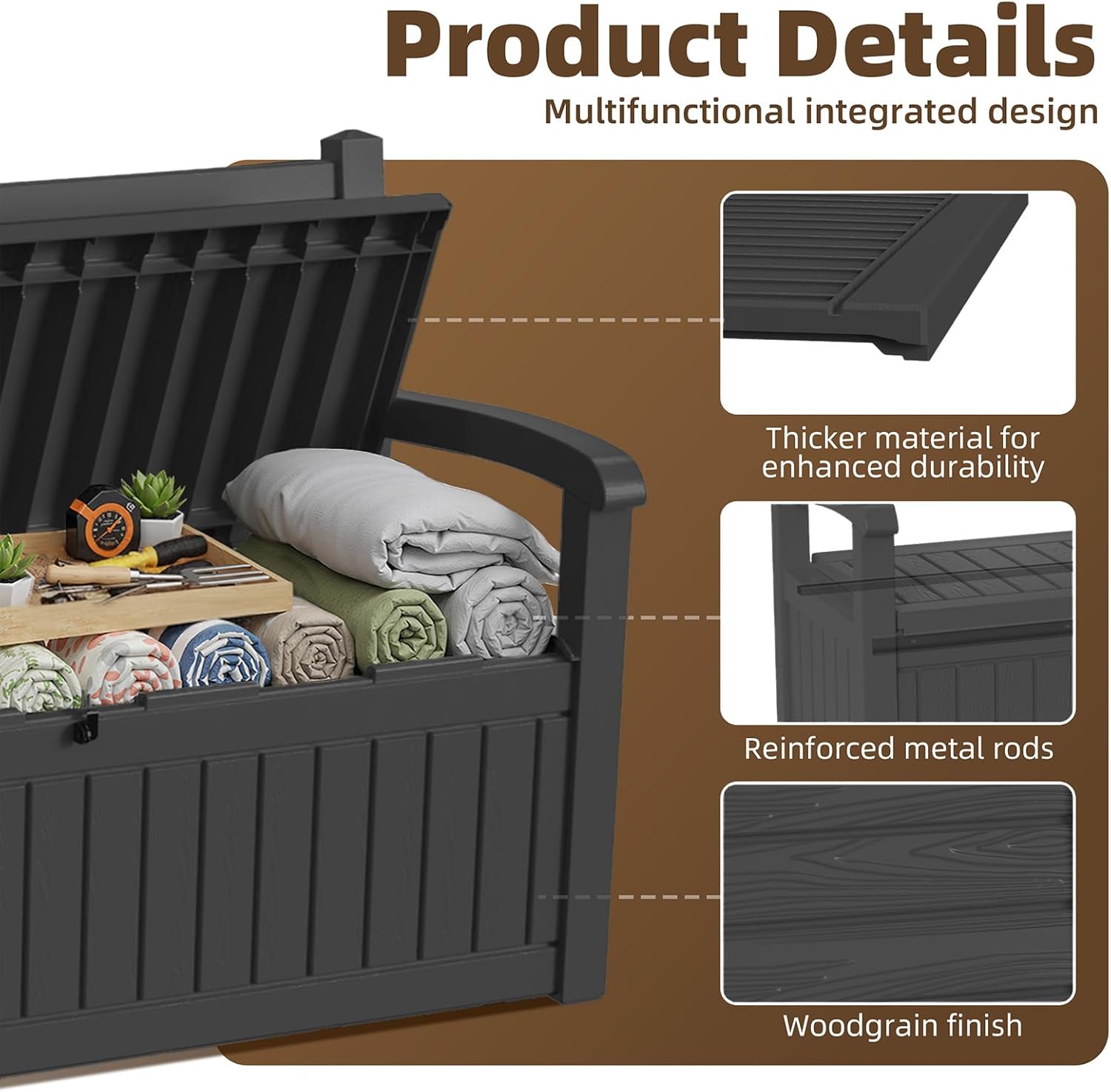 EasyUp 80 Gallon Wood Grain Style Outdoor Storage Bench, Waterproof and Lockable Deck Box Outdoor Storage Furniture for Patio,Garden,and Porch – Perfect for Storing Garden Tools and Cushions(Black)