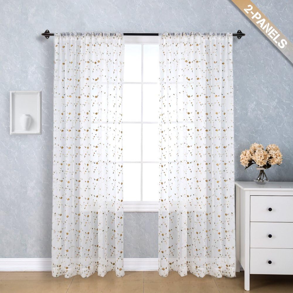 TOPICK 2 stück Weiß Sheer Gelb Rose Stickerei Vorhang mit Stangendurchzug bestickt Voile Vorhänge Gardinen für Wohnzimmer 140 x 213 cm