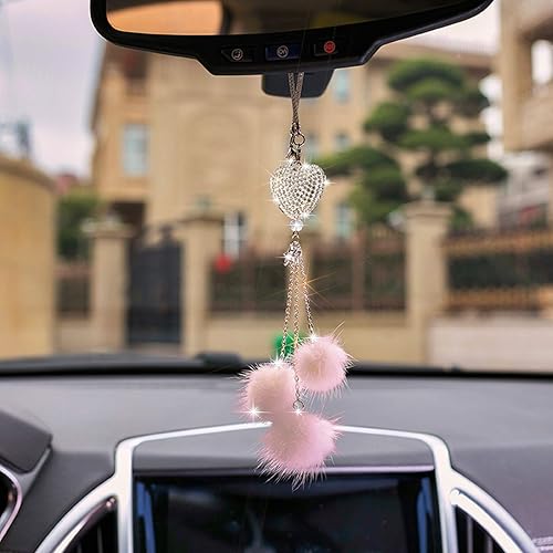 Miniatura 7 de YIDEXIN Accesorios de espejo de coche brillantes para mujeres y hombres corazón de amor brillante y bola de felpa rosa brillantes piedras de