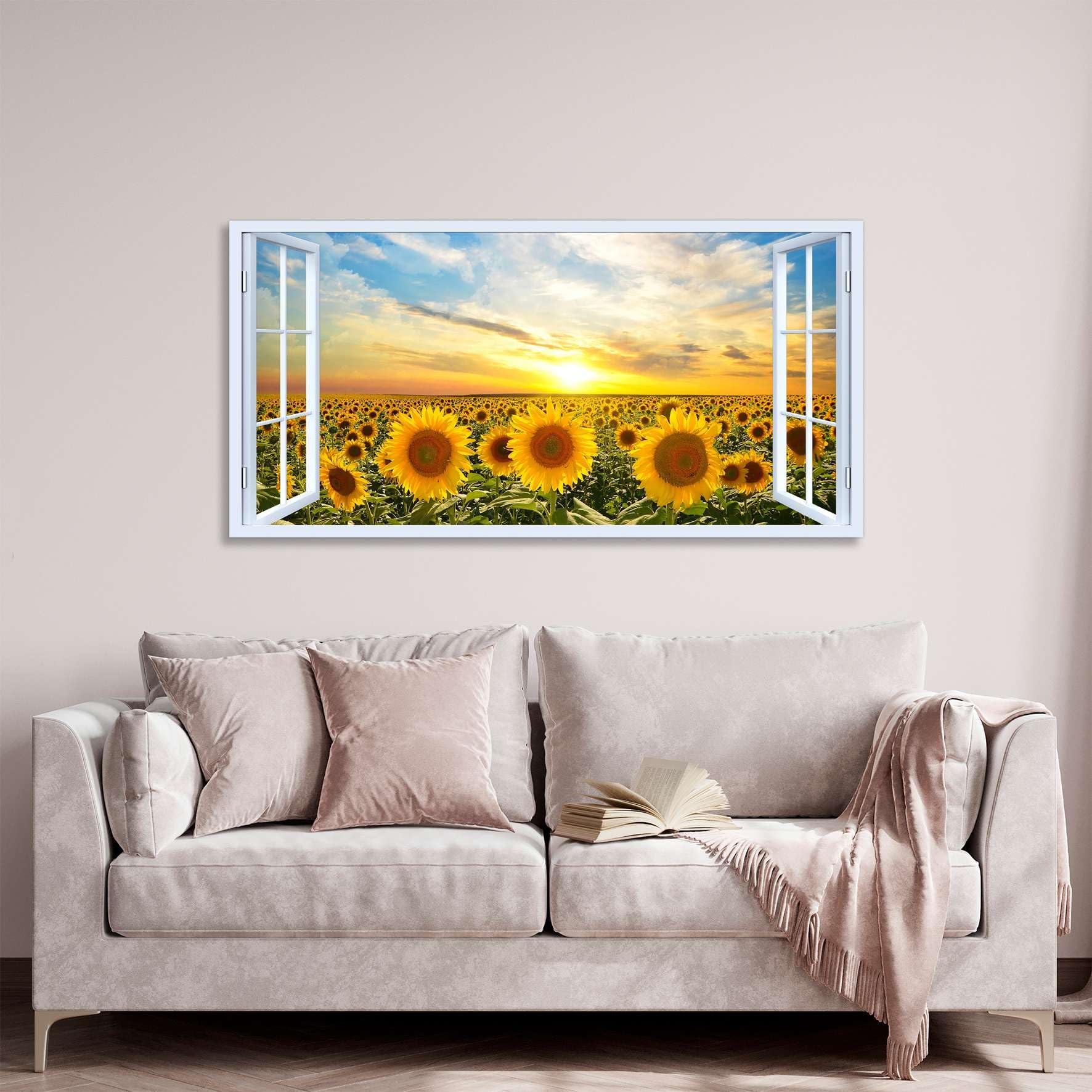 Quadro finestra panorama campo di girasoli tramonto - Stampa su tela con telaio in legno - 120x60 cm