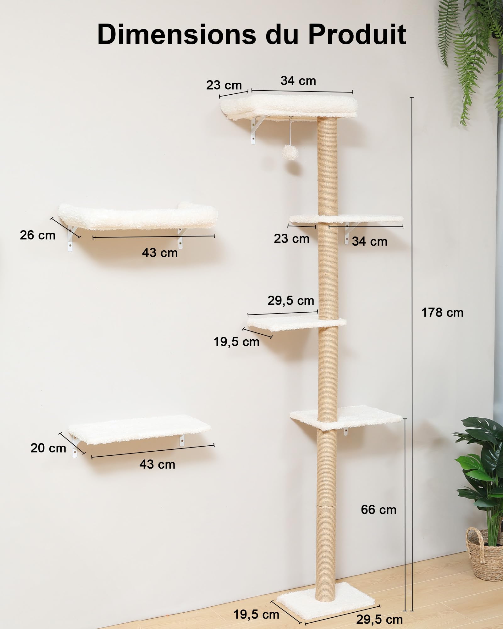 FUKUMARU Étagères Murales pour Chat,Ensemble de Meubles Stables Fixés au Mur pour Chats, Grattoir avec Perche Coussinée Douce, Mur d'escalade, Beige