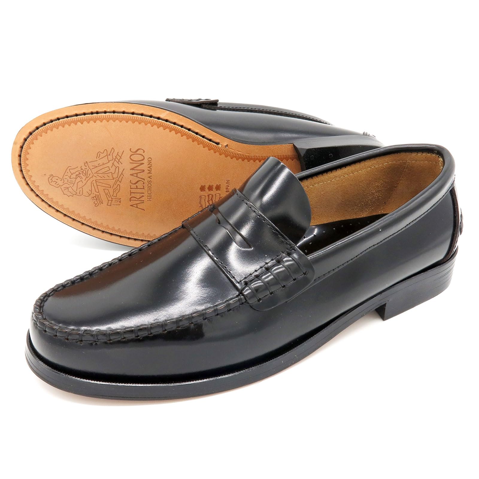 Made in Spain - Scarpe Mocassini Uomo Eleganti Penny-Loafer in Vera Pelle con Suola in Cuoio Cucito 800 Fatto in Spagna
