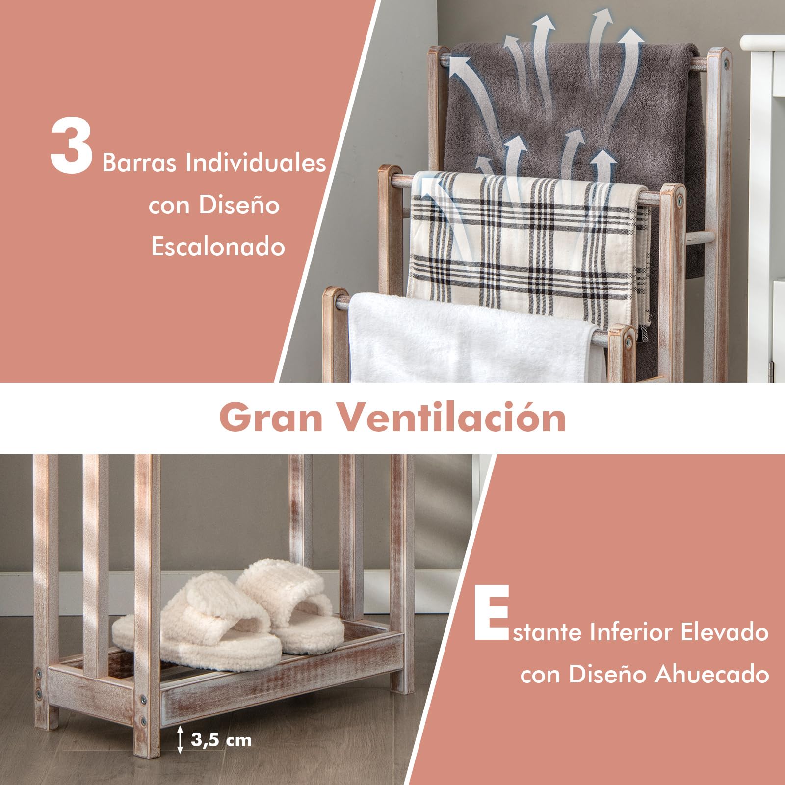 COSTWAY Toallero de Pie con 3 Barras,Toallero de 3 Niveles con Estante Inferior, Soporte para Toallas, Madera de Abeto Macizo, Dispositivo contra Caídas, 45,5 x 22 x 86 cm (Blanco)