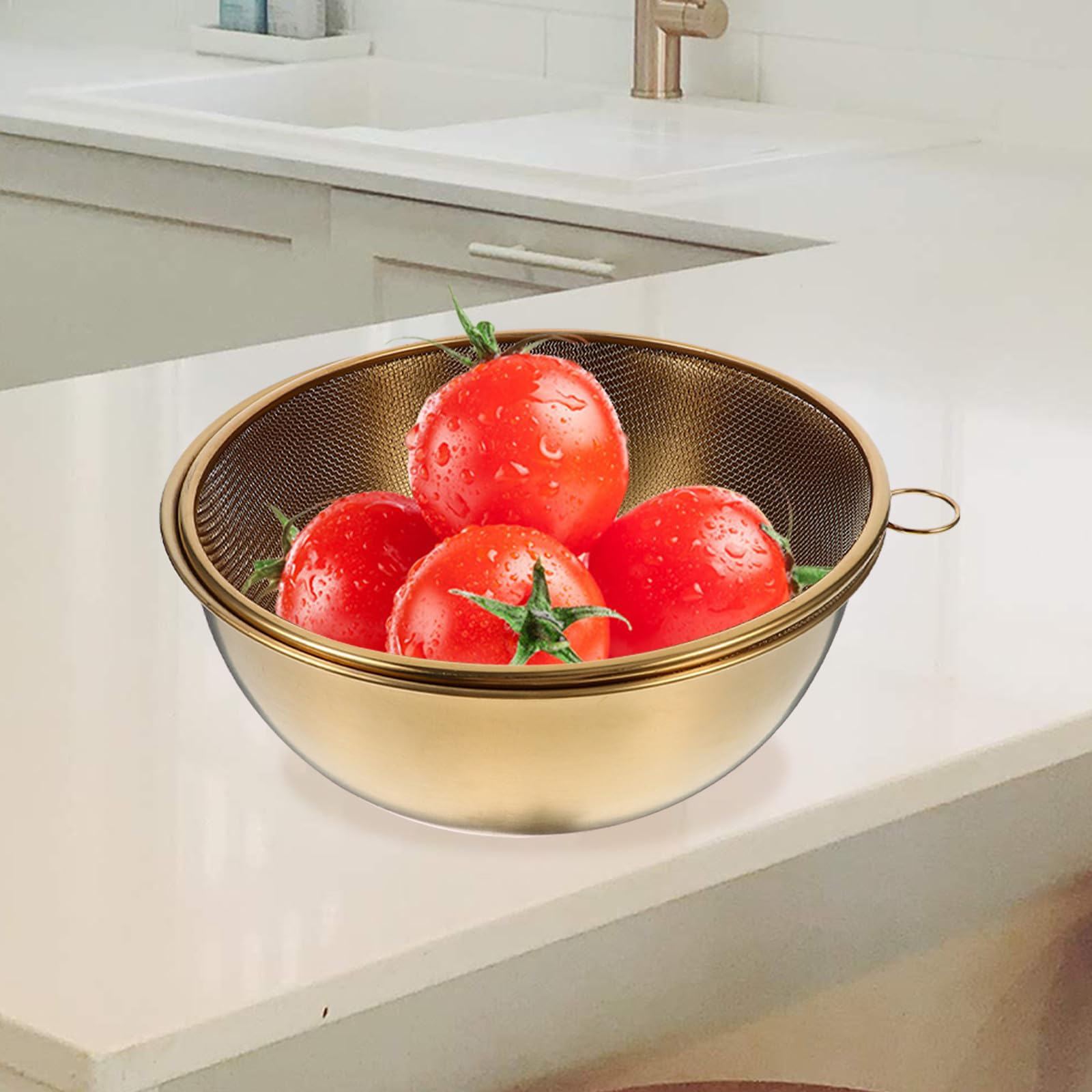 OSALADI Passoire à Riz Inox 22 Cm Dorée à Mailles Fines Bol Mélangeur 2 Pièces pour Fruits et Légumes, Égouttoir Solide et Polyvalent, Accessoire la Cuisine Pratique