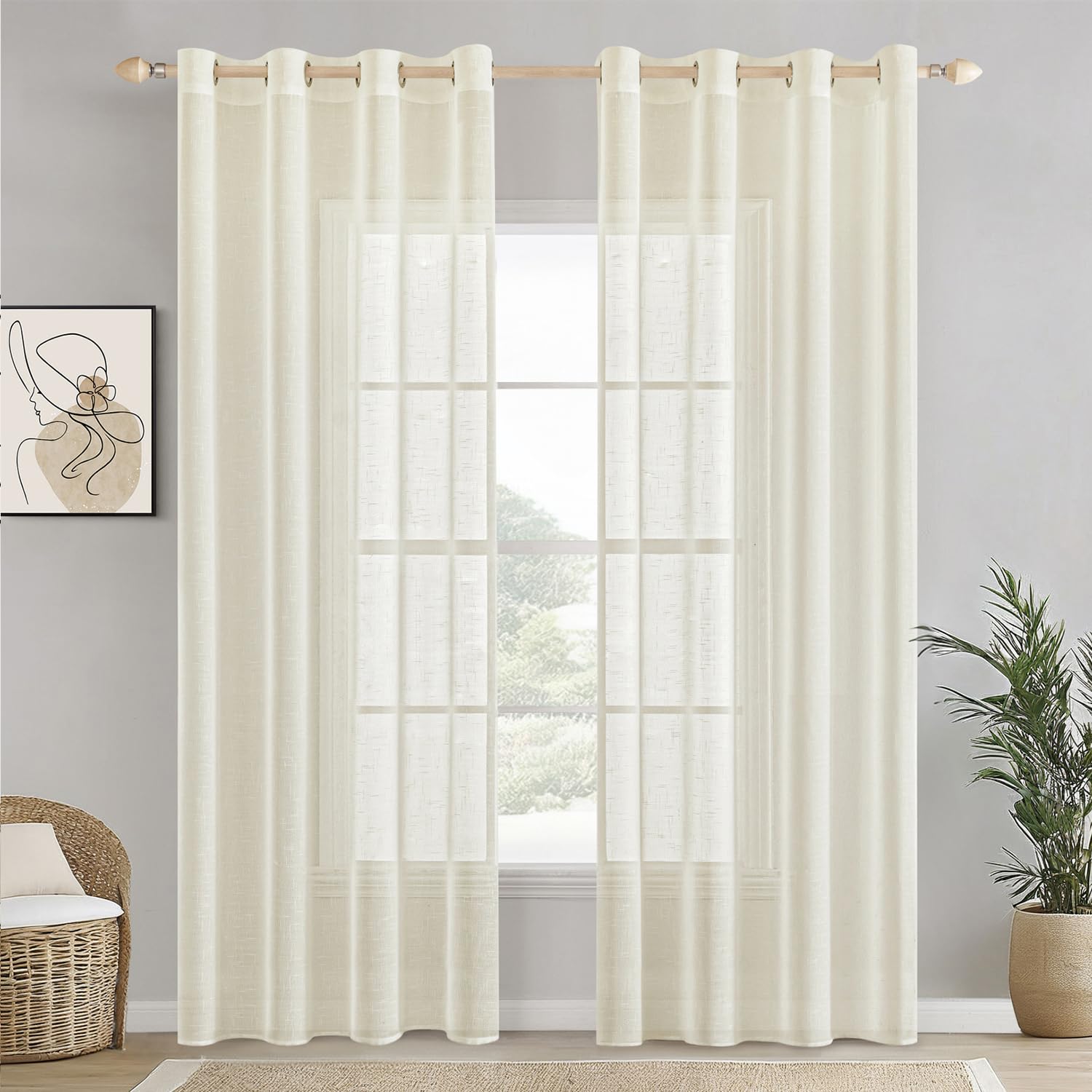 EMEMA Voile zasłony przezroczyste lniane zasłony lniane zasłony z oczkami zasłony do salonu zestaw 2 zasłon okiennych 140 x 225 cm (szer. x wys.) kość słoniowa
