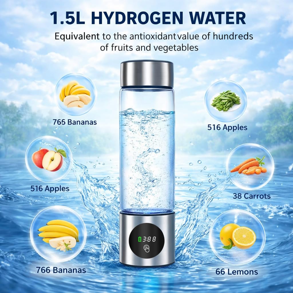 Upgrade Hydrogen Water Bottle, 16oz / 460ml Hydrogen Water Generator with SPE/PEM Tech, 5000PPB in 5 Min, Borosilicate Glass with LED Display, Rechargeable Leak-Proof Bottle for Gym, Office &Daily Use