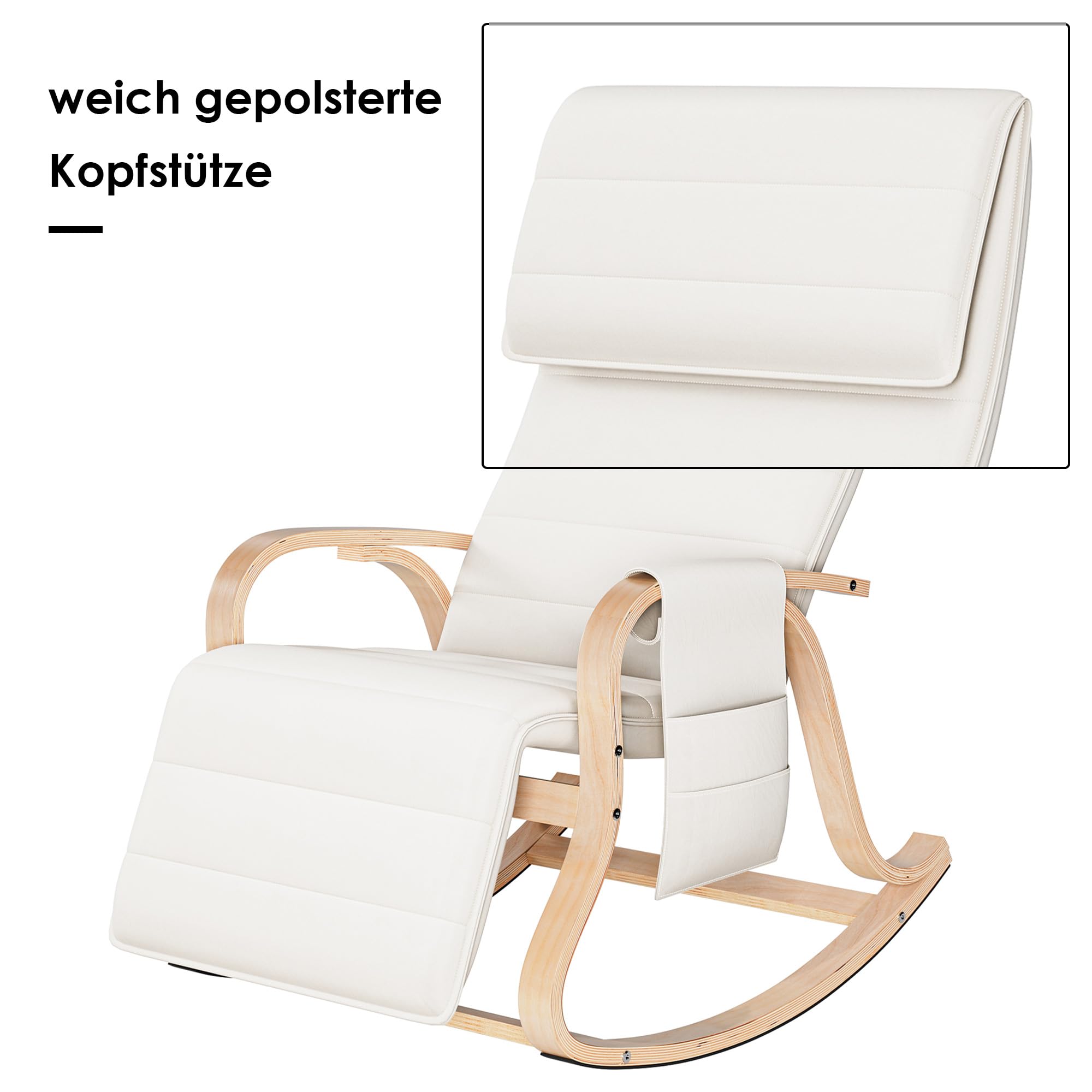 FirFurd Sedia a Dondolo in Legno di Betulla, Poltrona Dondolo Con Seduta Ergonomica In Tessuto Imbottito,Poltrona a Dondolo Regolabile a 5 Altezze, Portata 150 kg,per Salotto,Camera da letto (Bianco)