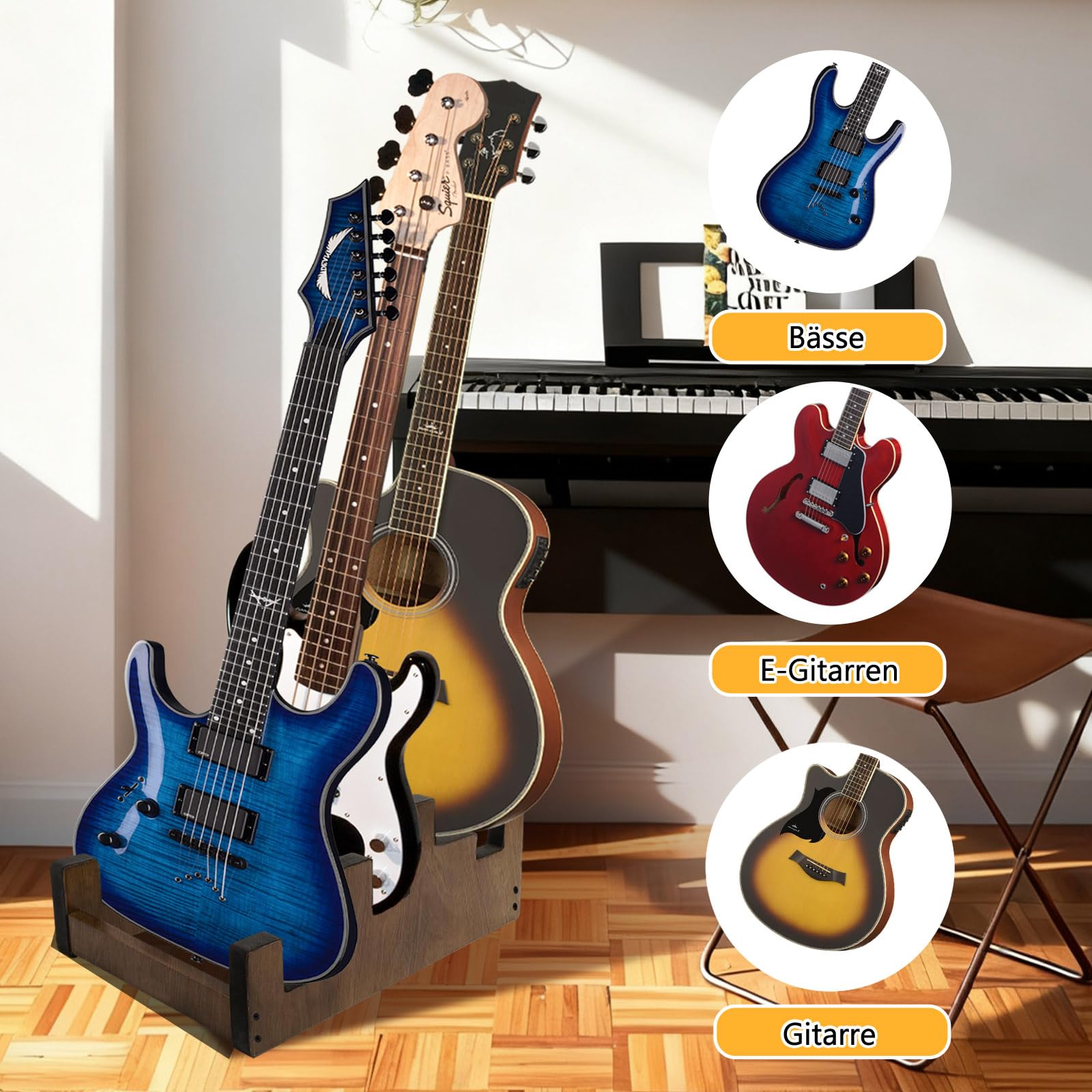 Soporte de madera para guitarra, soporte para guitarra de tres niveles, soporte de suelo para guitarra eléctrica, guitarra acústica/bajo, soporte para instrumentos musicales para estudio