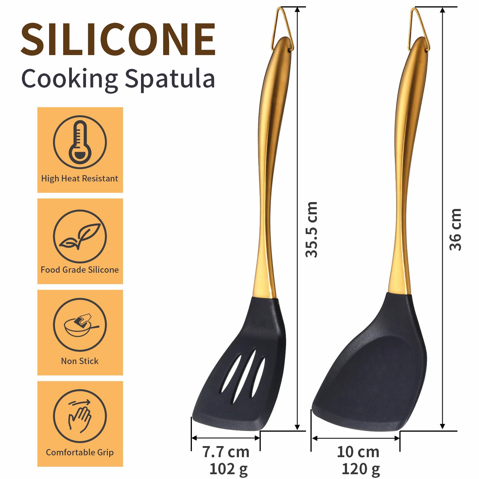 TEHAHA - Paquete de 2 espátulas de silicona, espátula de silicona de grado alimenticio y ranurada, espátula de silicona resistente al calor con mango de acero inoxidable, utensilios de cocina