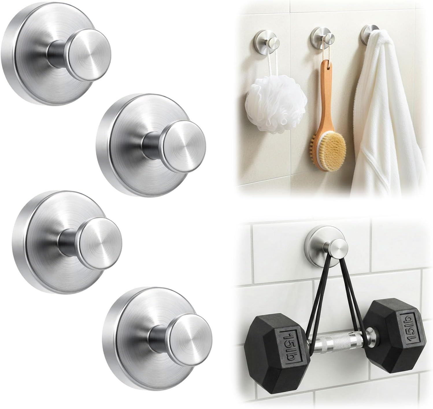 Upgraded Suction Cup Hooks for Shower, Heavy Duty Removable Towel Hooks for Bathroom Glass Door Wall, Stainless Steel Shower Hooks for Towel & Loofah (4 Pack, Silver)