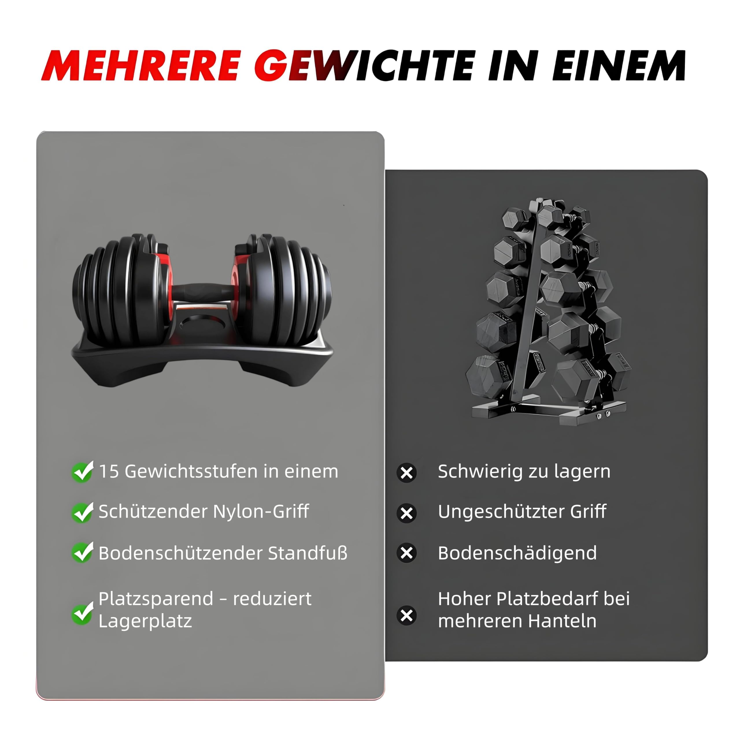 HAKENO 2x24kg/40kg Verstellbare Hanteln 15 in 1 Hantelset Einstellbare Platzsparende Hanteln, Kraftraining und Heimtraining Variable Gewichte platzsparend（24-40kg）