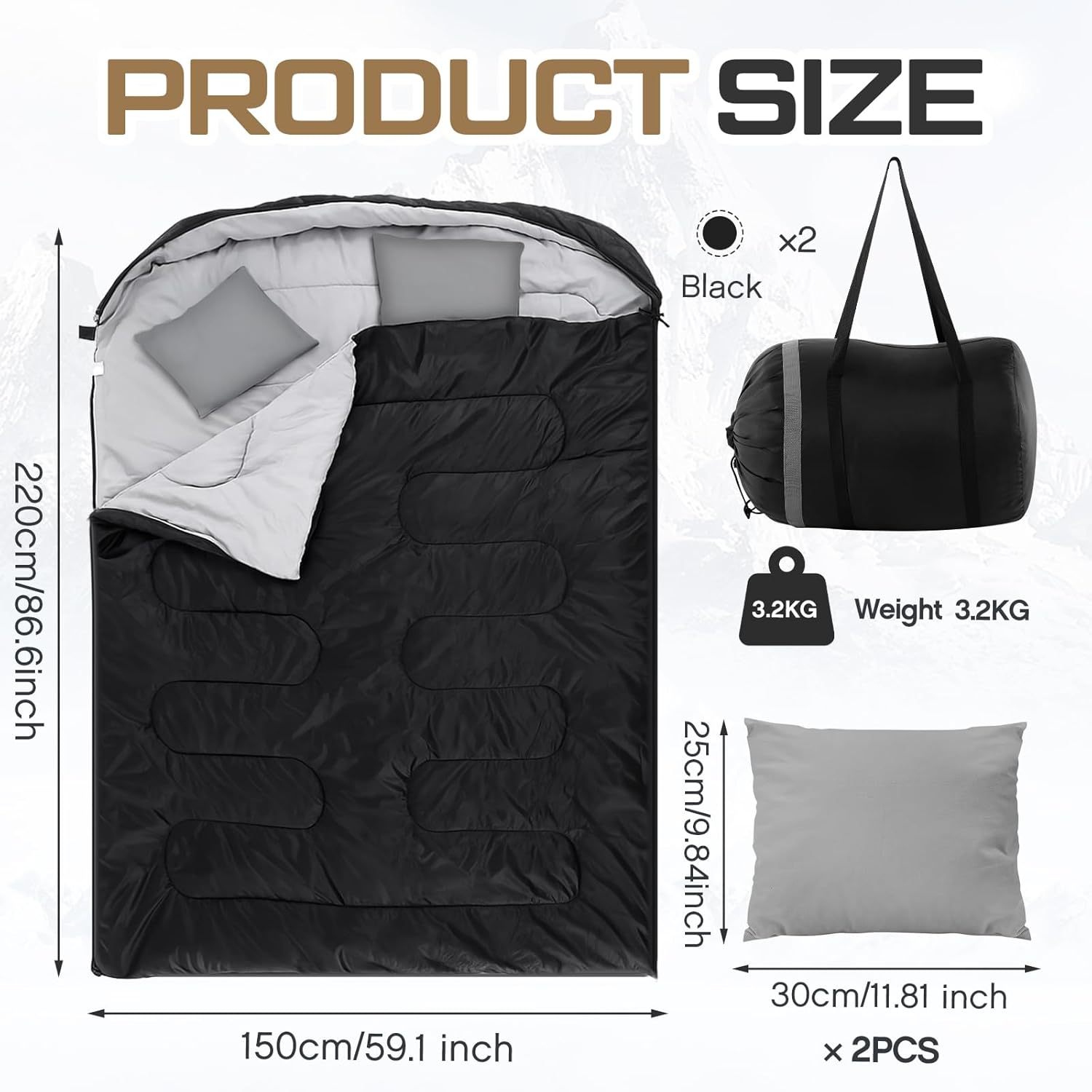 Tranqun 2 Pack Double Sleeping Bag for Adults, Queen Size Two Person Camping Sleeping Bag with Pillow Waterproof 3 Season Cotton Fabric for Hiking Backpacking Warm & Cold Weather