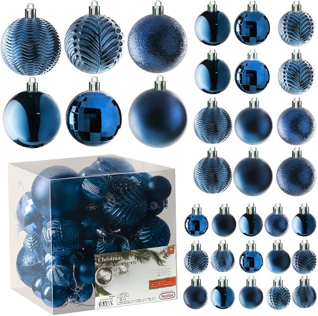 Prextex Midnight Blue Christmas Ball Ornaments for Christmas Decorations - 36 Pieces Xmas Tree Shatterproof Ornaments with Hanging Loop for Holiday and Party Decoration (Combo of 6 Styles in 3 Sizes)