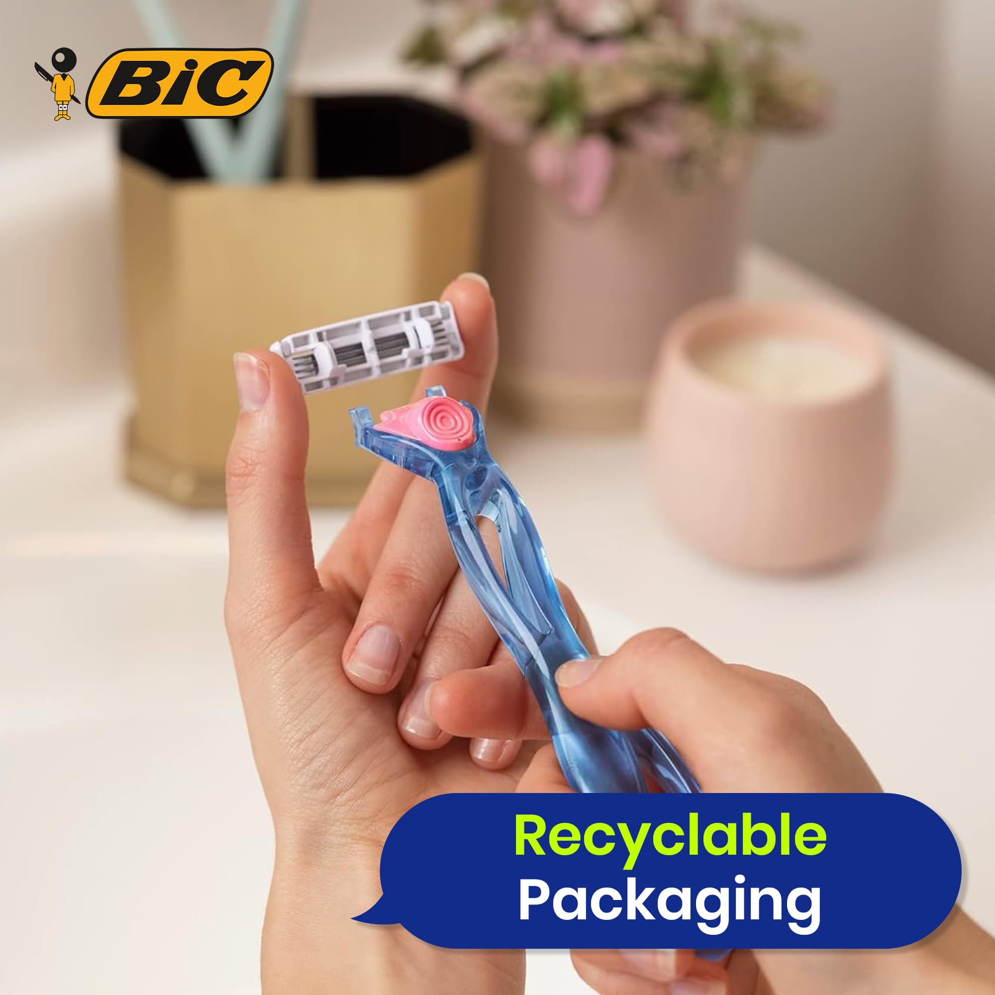 BIC Click 3 Soleil Sensitive damski wkład do maszynki do golenia, 4 wkłady, plastikowy wkład do maszynki do golenia z 3 ostrzami, paski smarujące z aloesem i witaminą E do gładkiego golenia (10 sztuk)
