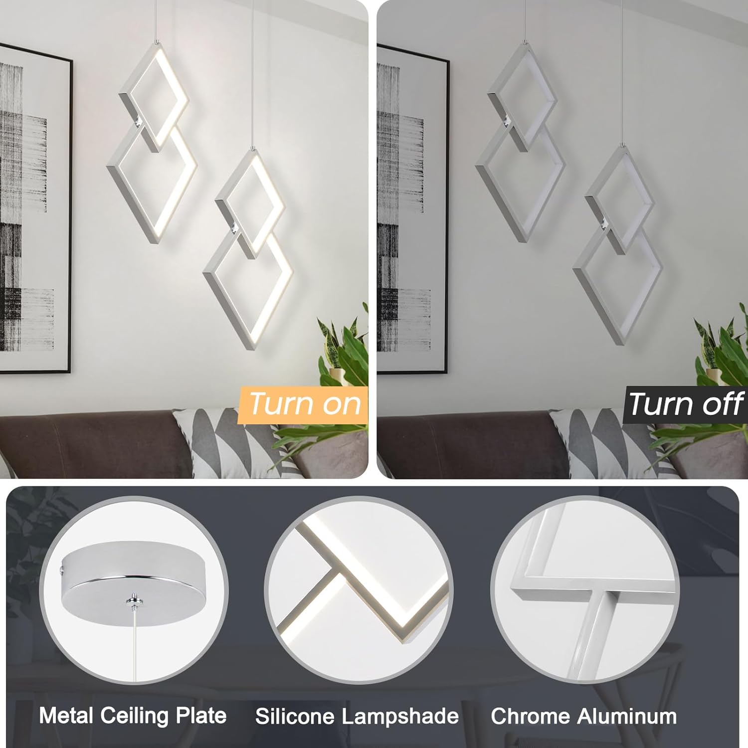Led Pendant Light Fixtures, 4500K Daylight White Modern Pendant Light, Adjustable Height Chrome Kitchen Island Fixtures, Chandelier Hanging Light Fixture for Dining Room Kitchen Sink Bedroom, 1 Pack