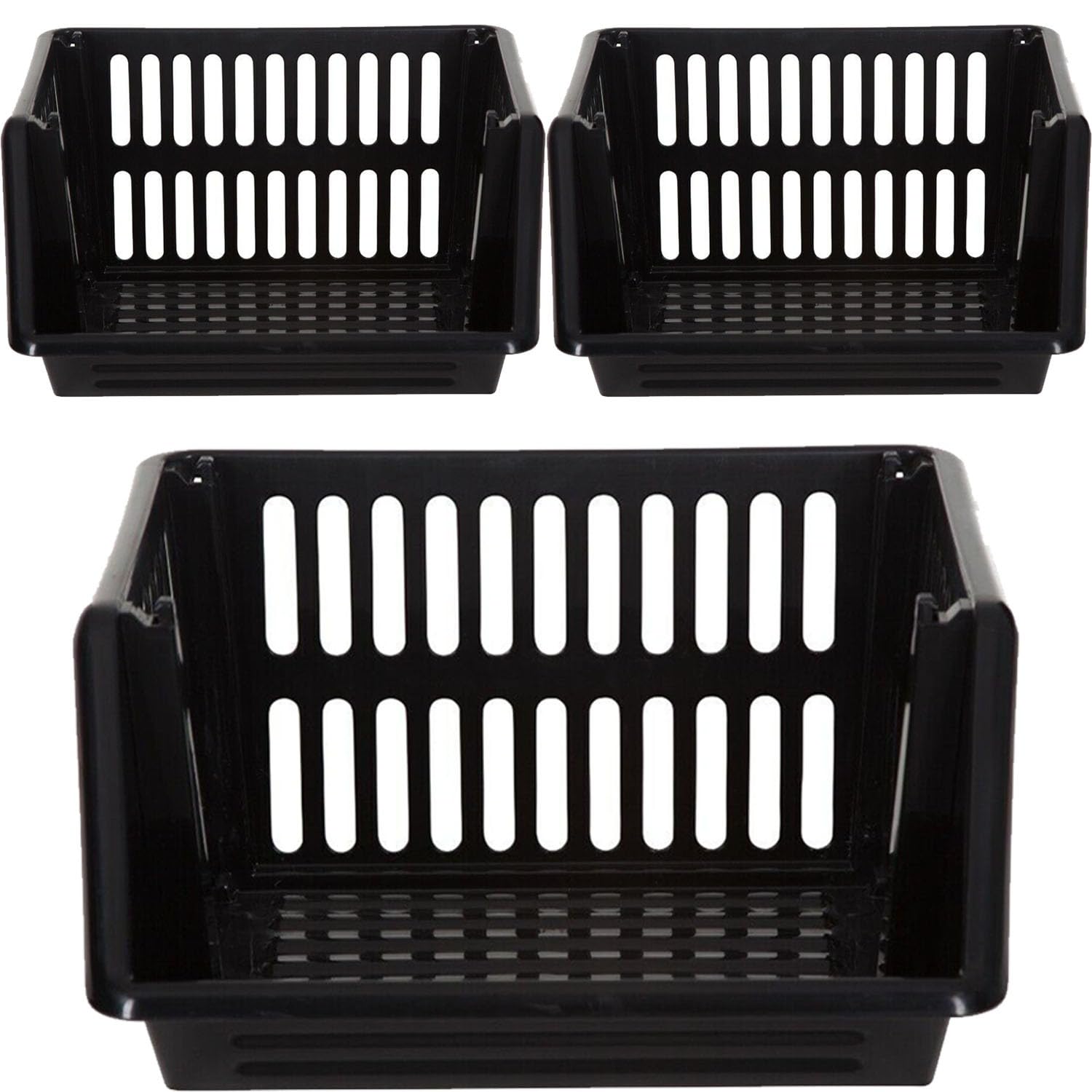 ARUUJ Large Stacking Basket - Storage Vegetables Fruits Rack - Multipurpose Stackable Shelves Food Organizer Kitchen Basket - Plastic Vegetable/Fruit Free-Standing Rack (35CM Black, 3 Tier)