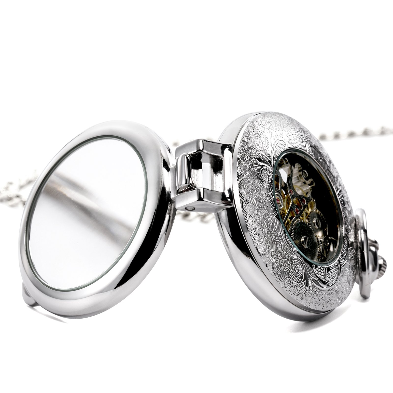 TREEWETO Montre de Poche Mécanique Steampunk pour Homme et Femme, Cadran Squelette Argenté avec Chaîne + Boîte, Argenté, Rétro