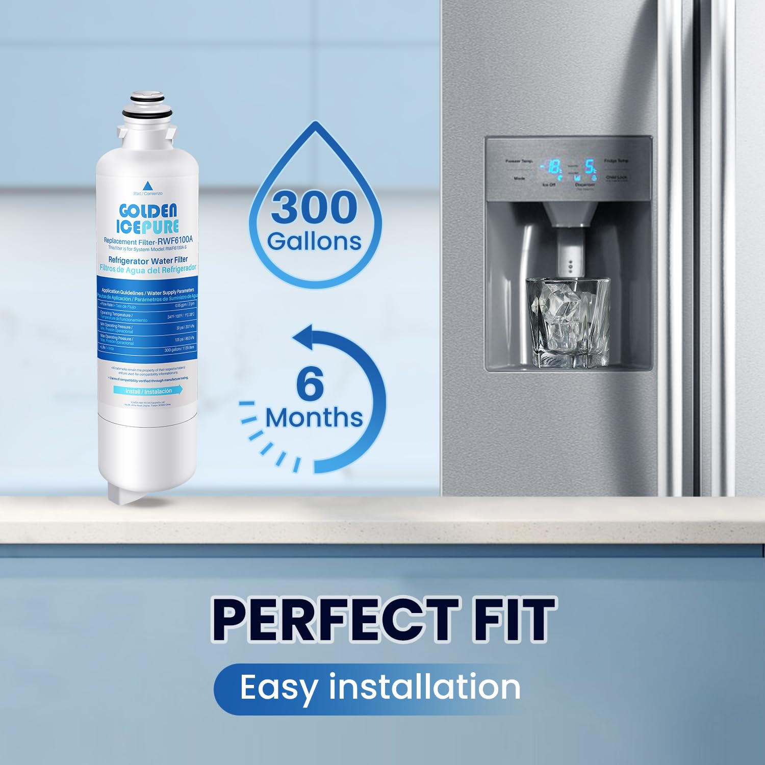 GOLDEN ICEPURE Kühlschrank-Wasserfilter Ersatz für Siemens Bosch Neff Ultra Clarity Pro 11032518 BORPLFTR50,BORPLFTR55,KS50ZUCP RA450012, 2 Stück