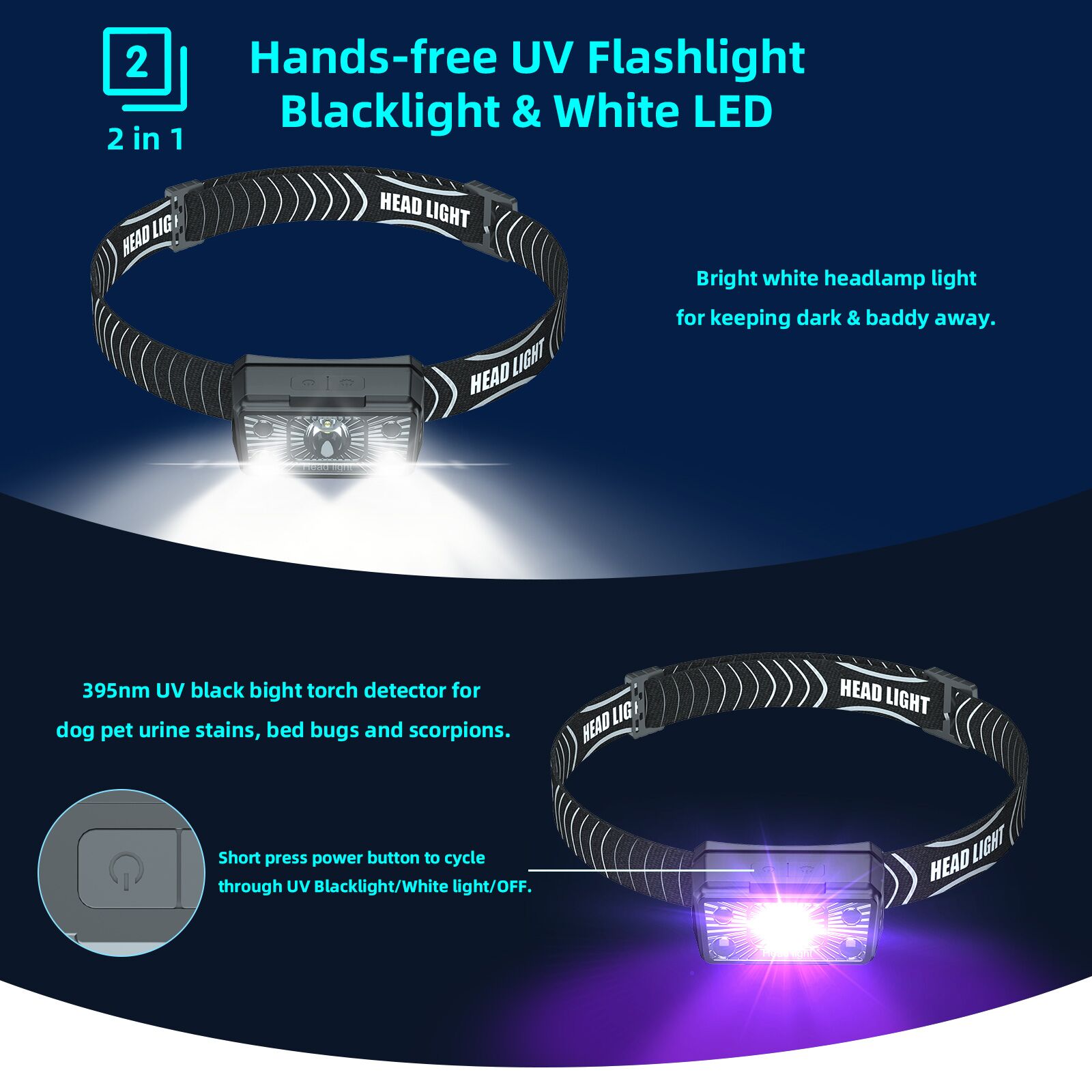 Image of COSOOS 2IN1 UV Headlamp Flashlight Black Light, Rechargeable LED Hand Free Blacklight 395nm Mini Headlight with White & Ultraviolet Light, Detector for Pet Dog Cat Urine Stain,Bed Bug,Scorpions Finder