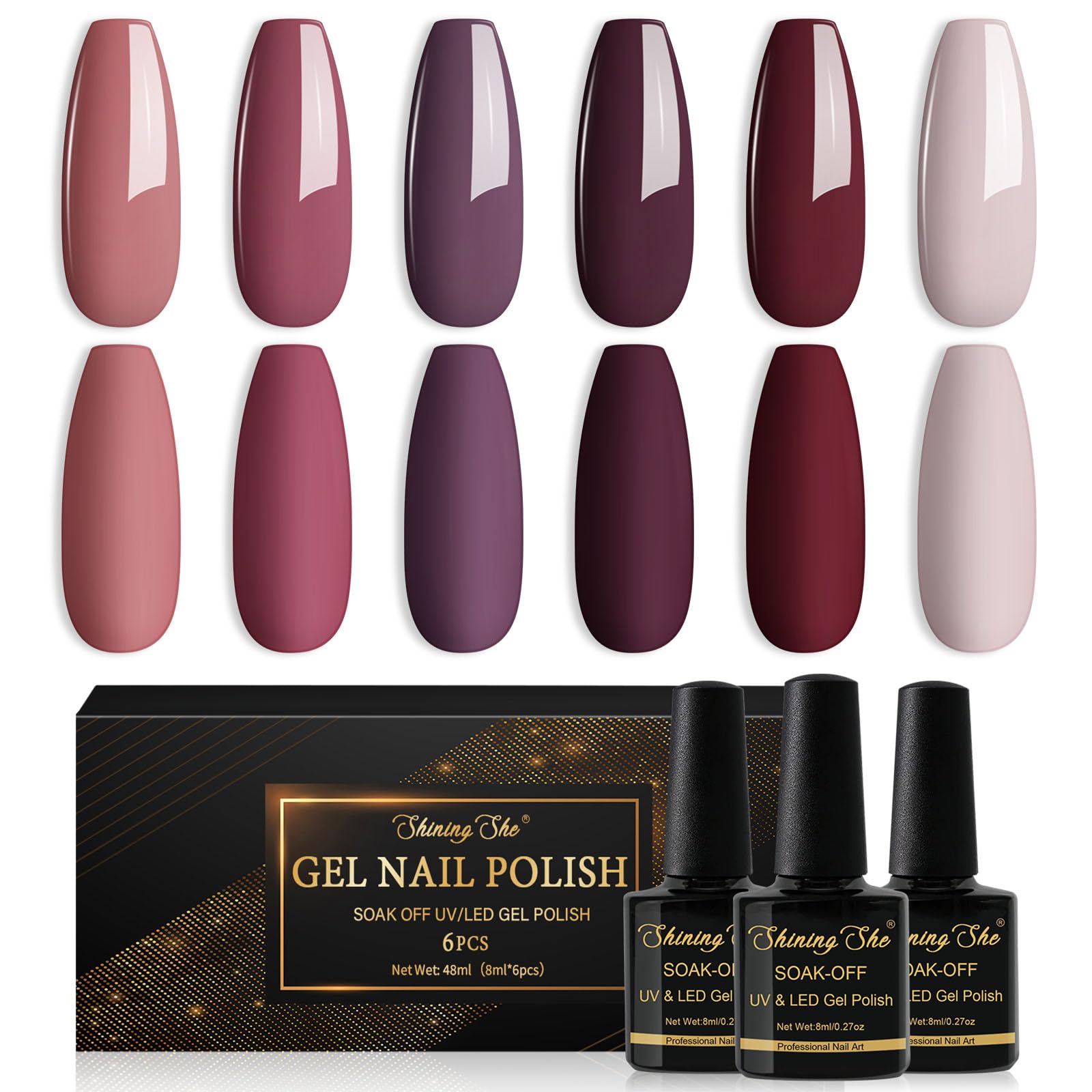 Shining She Esmaltes Semipermanentes de Uñas en Gel UV LED,6 Colores Mate Rojo Oscuro Morado Oscuro Albaricoque Rojo Marrón Pintauñas Semipermanentes para Principiantes Art DIY,8ML