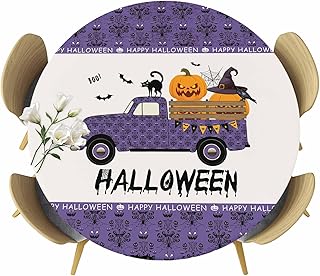 Halloween Round Tablecloth 55-60 Inch Horror Pumpkins Round Fitted Table Cloth with Elastic Edge, Haunted Mansion Waterproof Table Cover Protector for Outdoor Picnic Party Dining Spooky Halloween