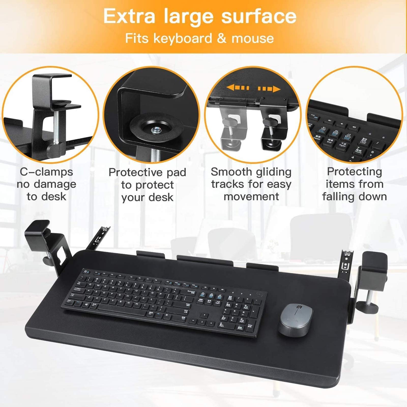 HUANUO Metal Keyboard Tray, Ergonomic Clamp Mount Under Desk Mount