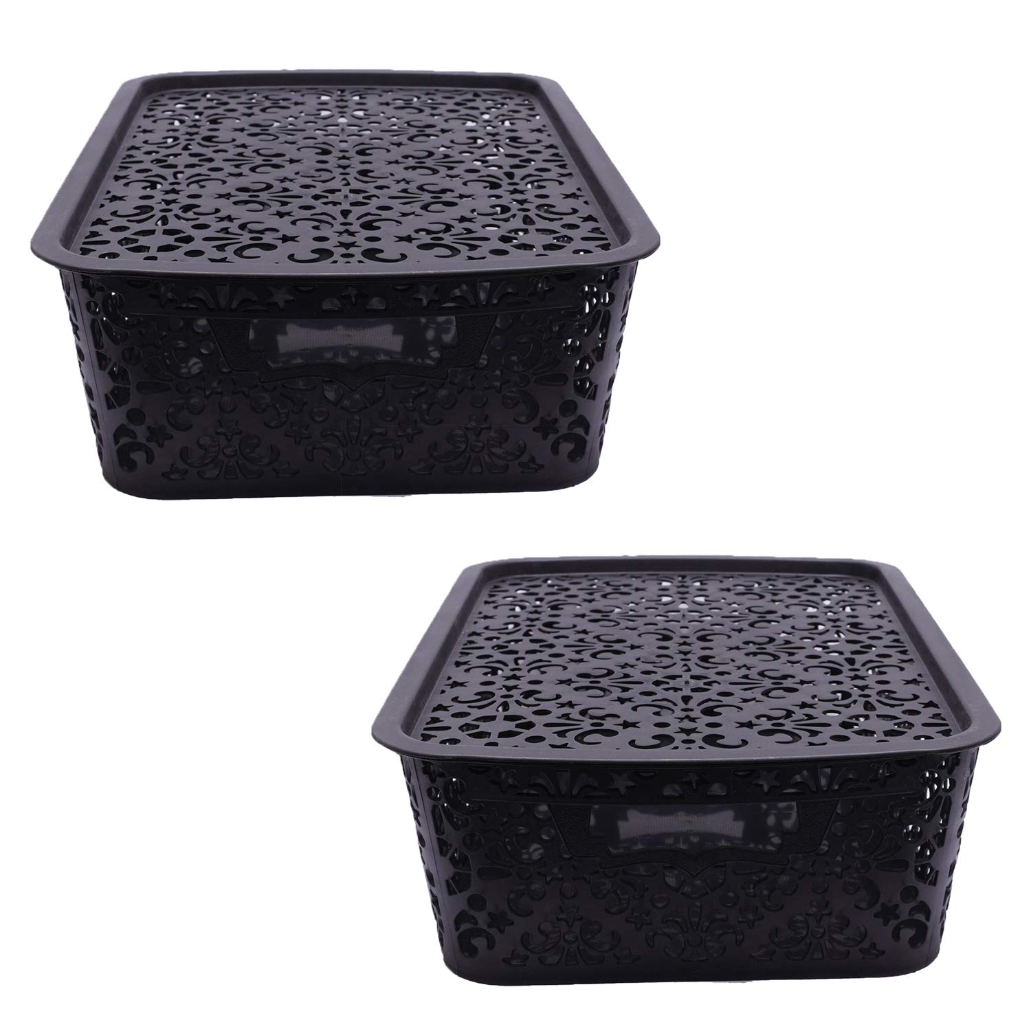 SIMPARTE Plastic Turkish Basket with Lid for Storage, Kitchen, Vegetables, Closet, Wardrobe, Accessories, Cosmetics, Wardrobe (Black, Medium, Set of 2) (B08233SJF4) Amazon Price History, Amazon Price Tracker