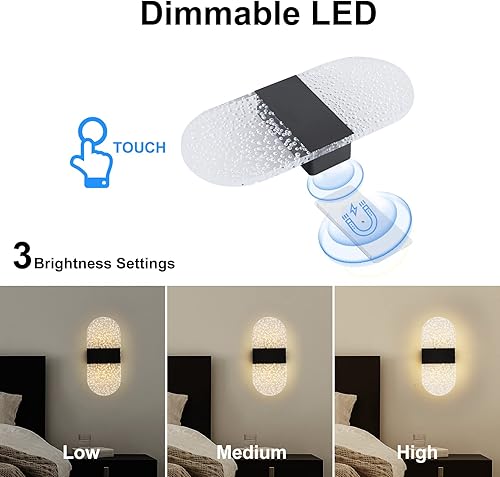Miniatura 2 de Juego de 2 apliques de pared con control táctil, luz nocturna regulable, funciona con pilas, para dormitorio, recargable, magnética, inalámbrica,