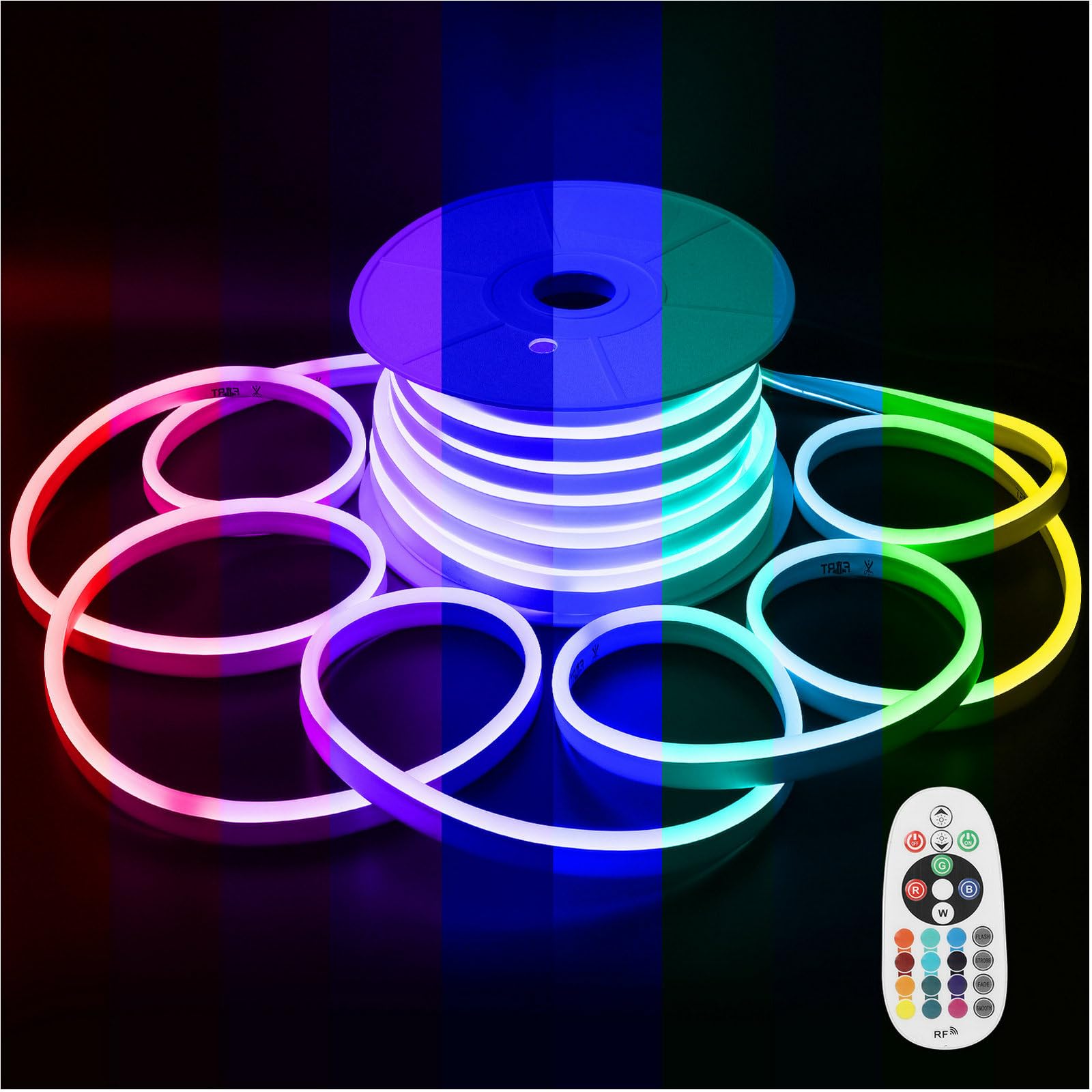Photo 1 of FORT AC110V 120V LED RGB Neon Rope Lights, 50FT Linkable Light Strip,144 led/M IP67 Waterproof, Multicolor Neon Strip Lighting with Remote Controller for Indoor Outdoor Home Commercial Decor ETL FCC 50FT RGB (Red, Green, Blue)
