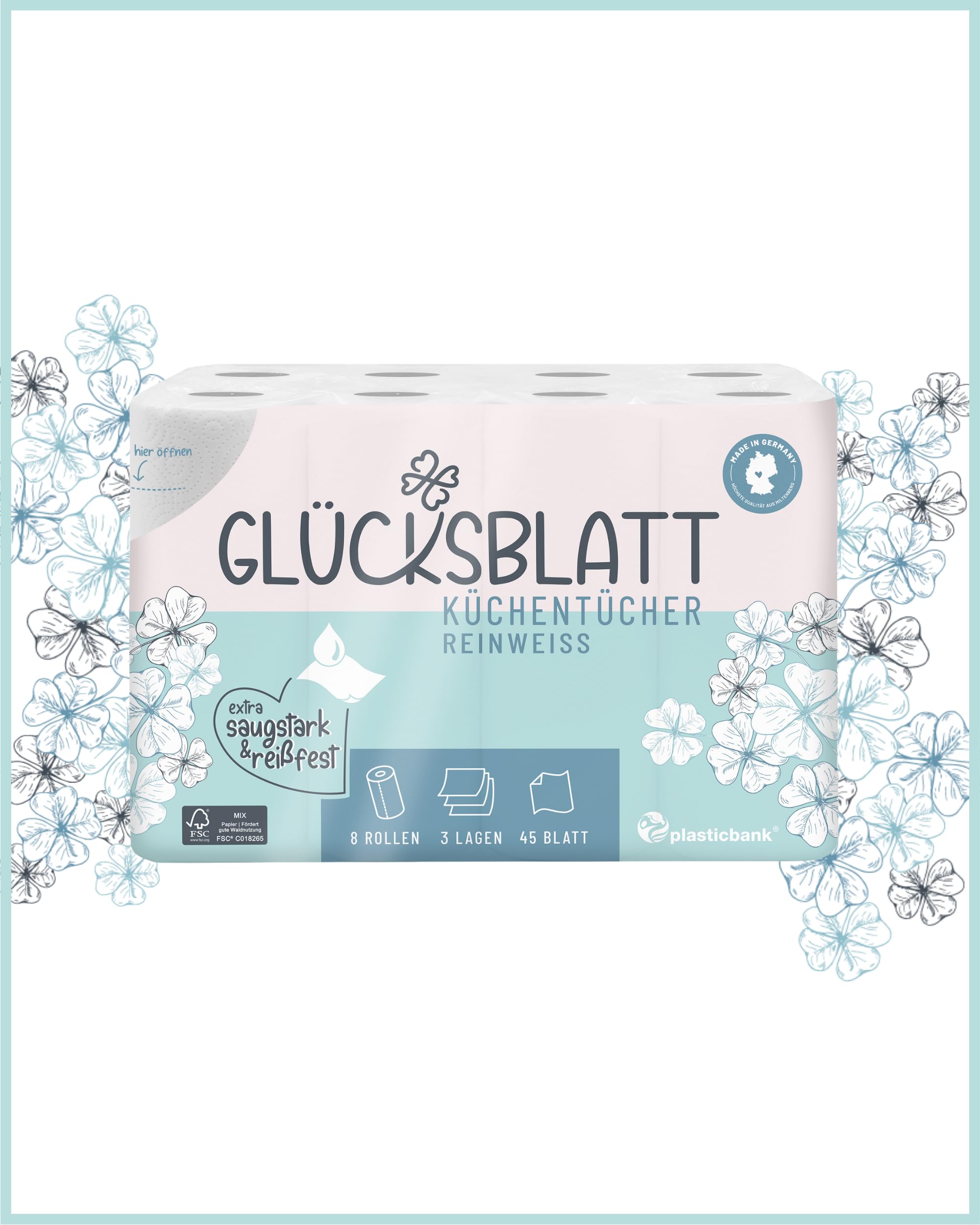Glücksblatt Küchentücher, 48 Rollen á 45 Blatt, 3-lagige Küchenrollen, 100% Zellstoff, nachhaltig, saugstarke Haushaltsrollen, Allzwecktücher, Papiertücher, Papierhandtücher, Küchenpapier