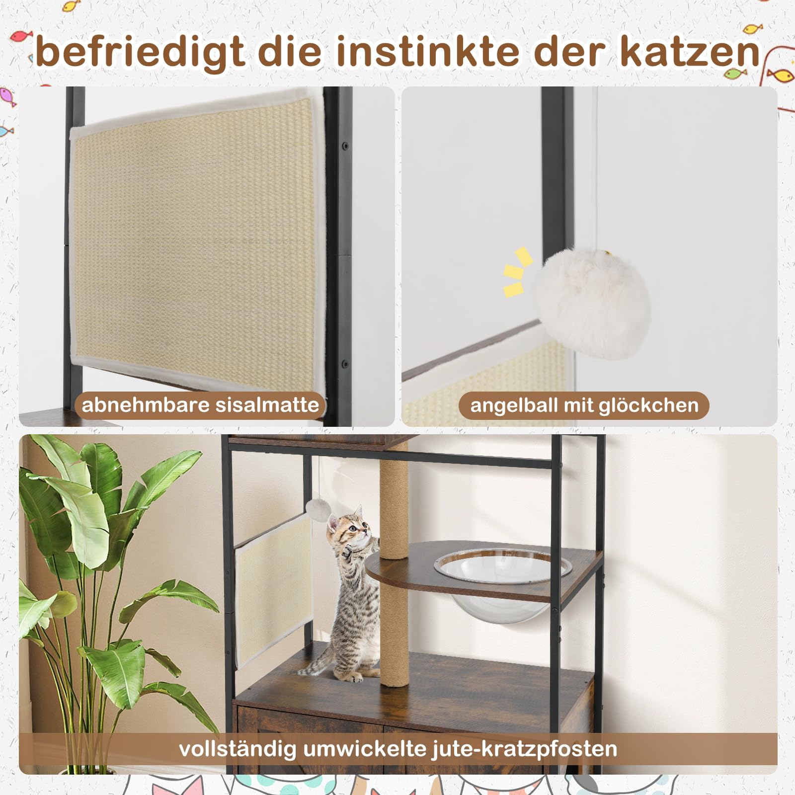 COSTWAY Kratzbaum mit Katzenklo Schrank, Katzenschrank für Katzentoilette, Katzenbaum mit Katzenhaus & Jutepfosten & Raumkapsel & Kratzmatte, All-in-One Katzenmöbel, 80 x 48 x 150 cm, Braun