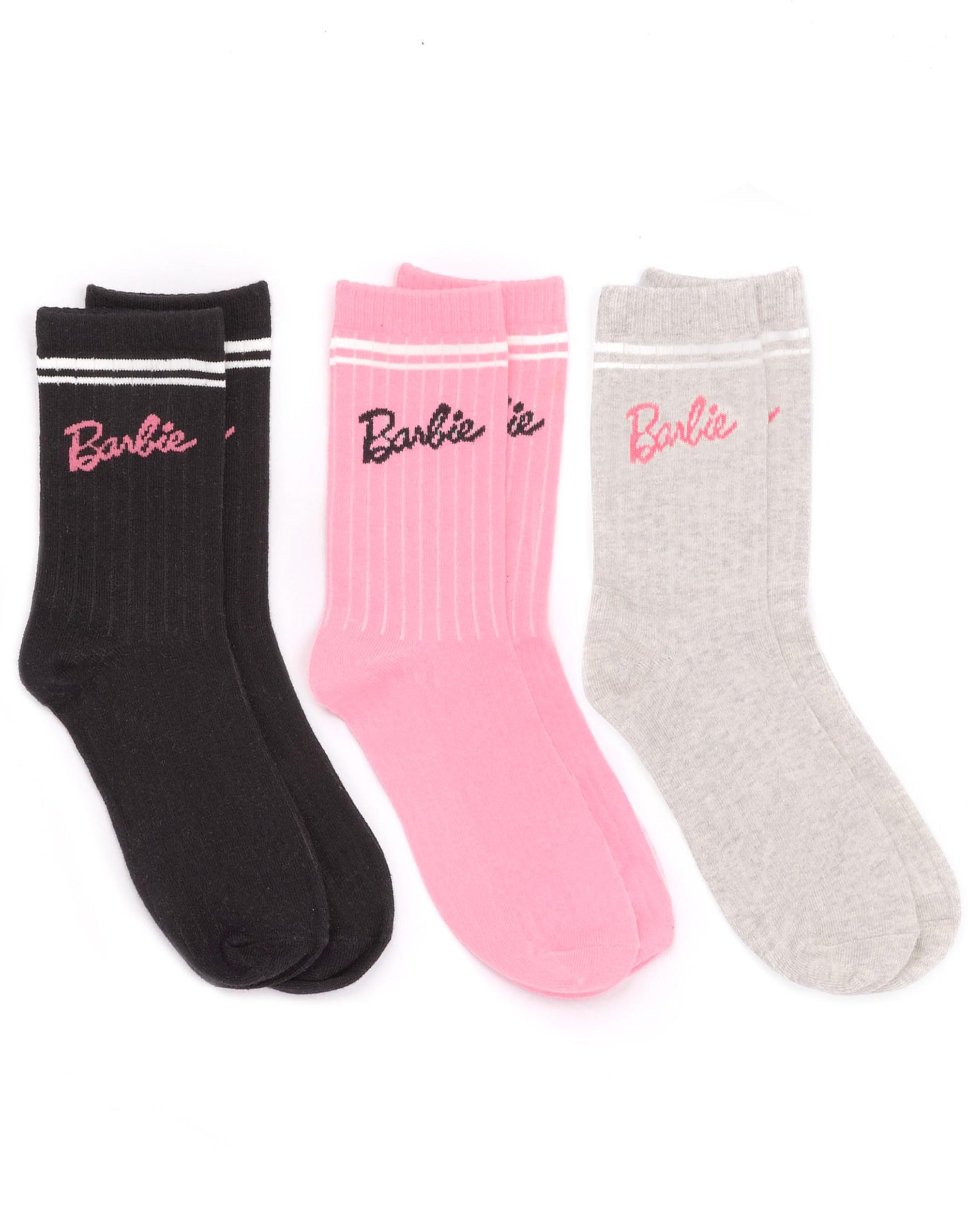 Barbie Women's Pink Socks 3 Pack For | Doll Logo Grey Black | Footwear Accessories One Size 4-7