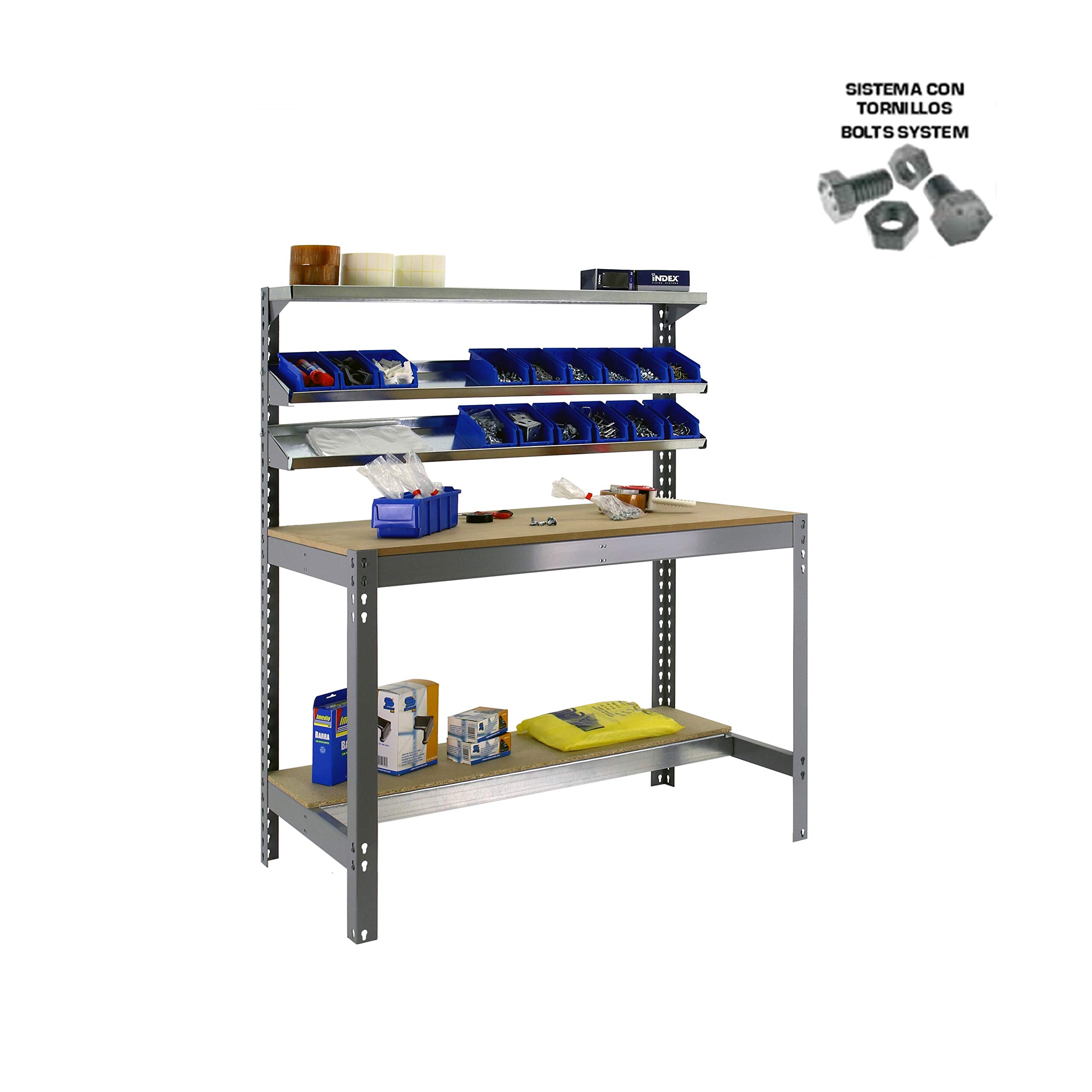 Simon Rack Banco de Trabajo con 3 repisas 1210x610 mm - BT1 | Capacidad Carga 600 kg, Pintura anticorrosión, Gris , Montaje sistema clic