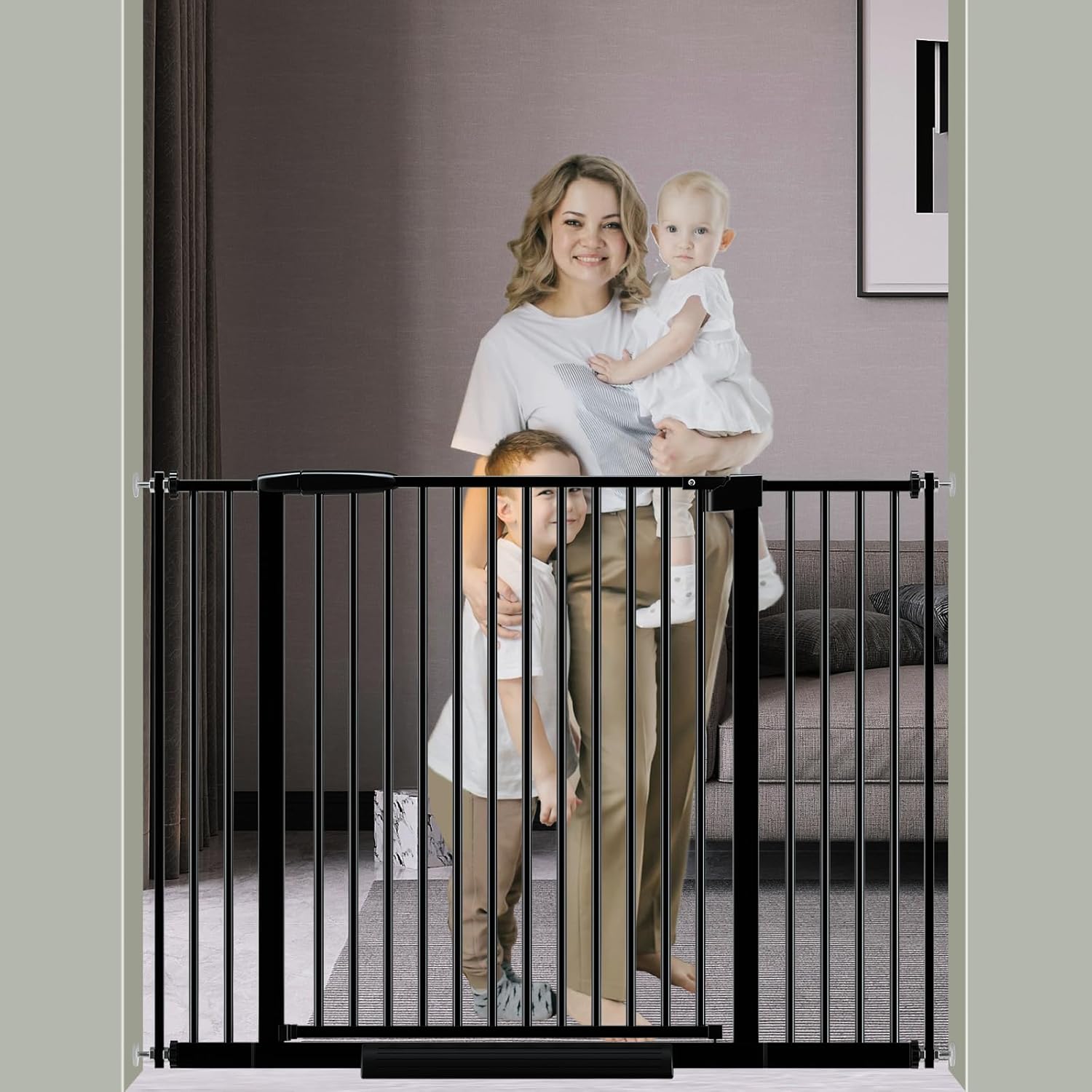 DEARBB Extra Wide Baby Gate Ultra Narrow Spacing 30.11-77.36" Pressure Mounted Double Lock Swing Auto Close Walk Through Metal Safety Pet Gate for Stairs and House Doorway Kitchen