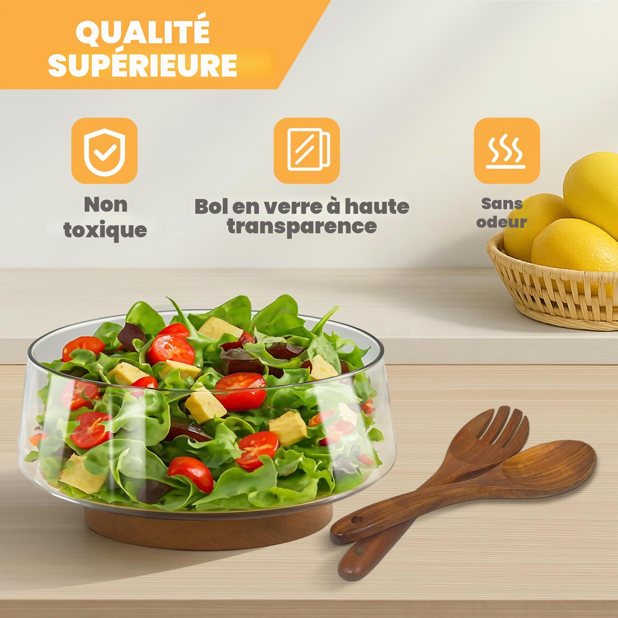 PROLEE Ensemble de saladiers en verre avec base en bois massif, bols de service élégants pour ustensiles de cuisine et fêtes (transparent)