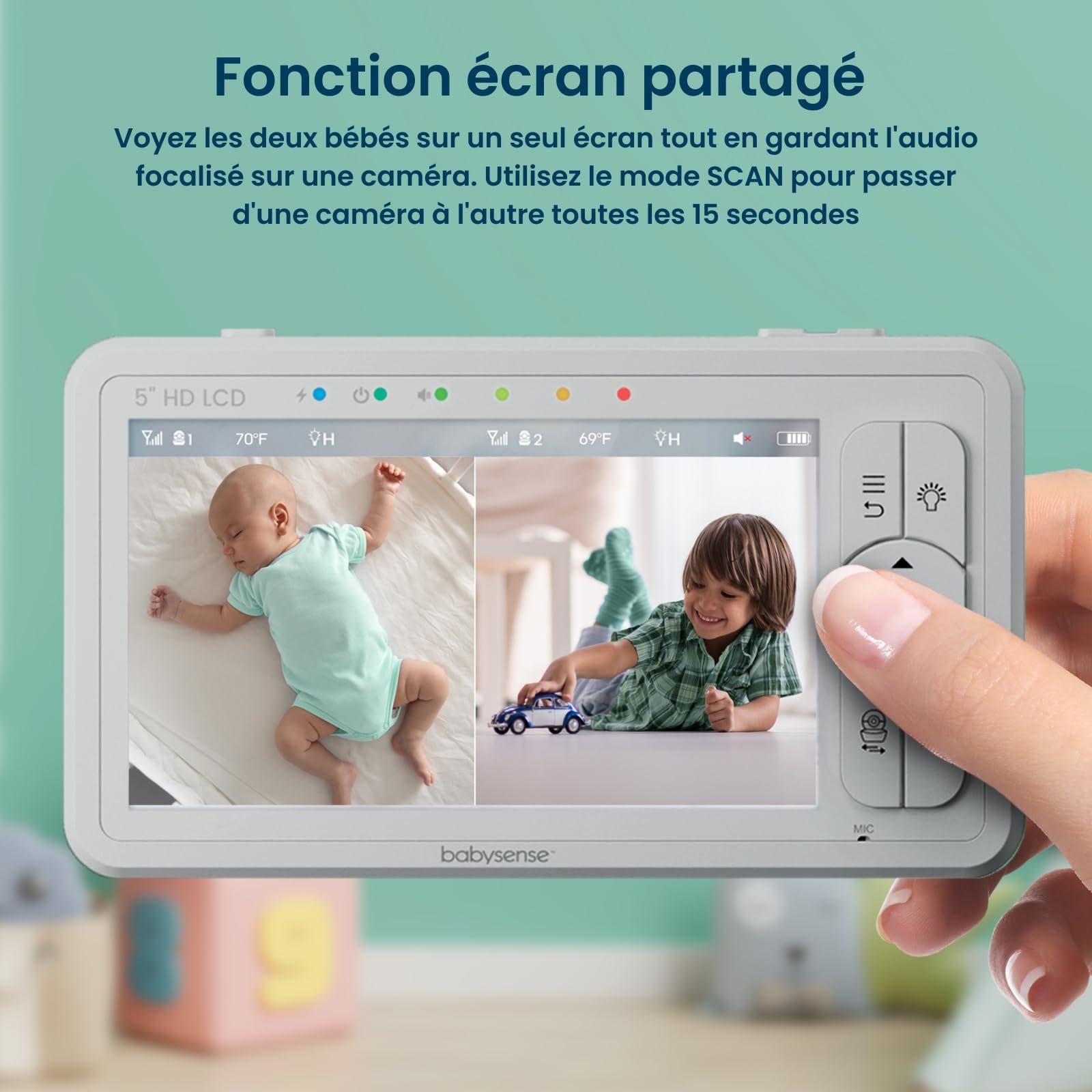 Babysense Moniteur HD Vidéo pour Bébé - Babyphone avec Écran Divisé 5“ et 2 Caméras 720p, Conversation Audio Bidirectionnel, Longue Portée, Veilleuse Réglable, Vision Nocturne, Berceuses