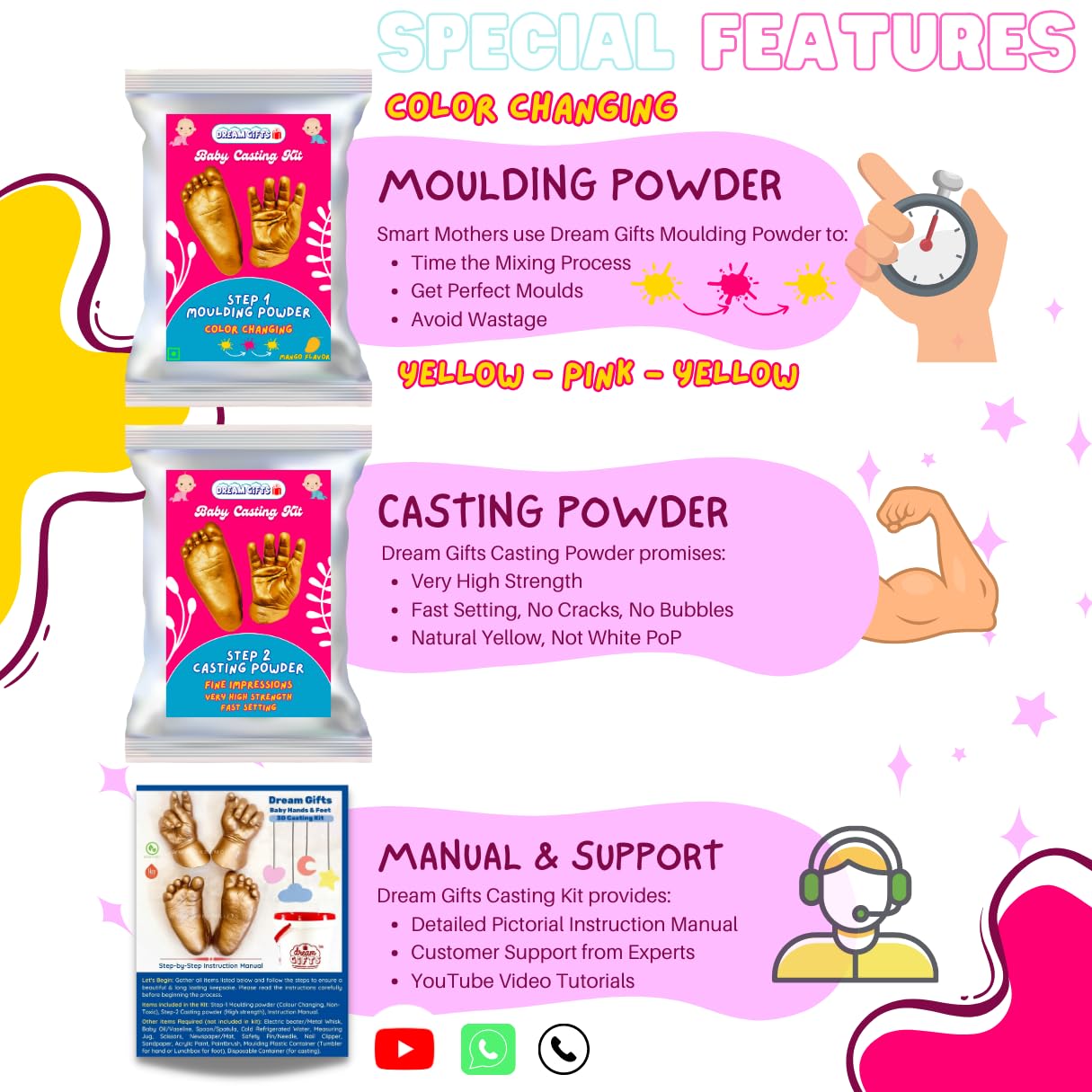 Dream Gifts Baby 2 Hands or Feet 3D Casting Kit (Moulding Powder 350 GMS, Casting Powder 500 GMS, Yellow) 1