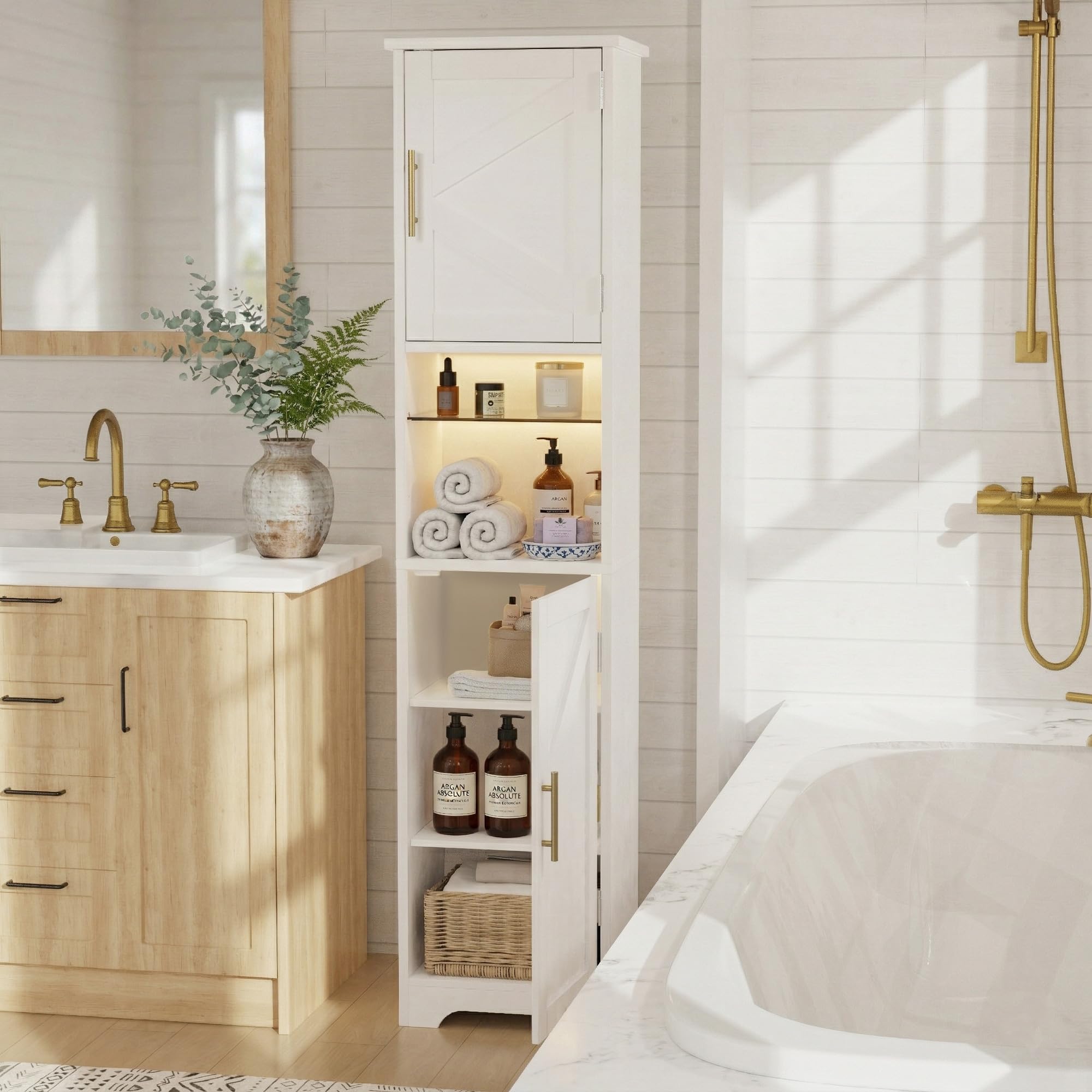 Armario Baño Estrecho con LED, 170x40x30 cm, Mueble Baño Madera, Estantería Nicho con Estantes Cristal Regulables, Armario Alto Multifuncional para Salón, Dormitorio y Baño