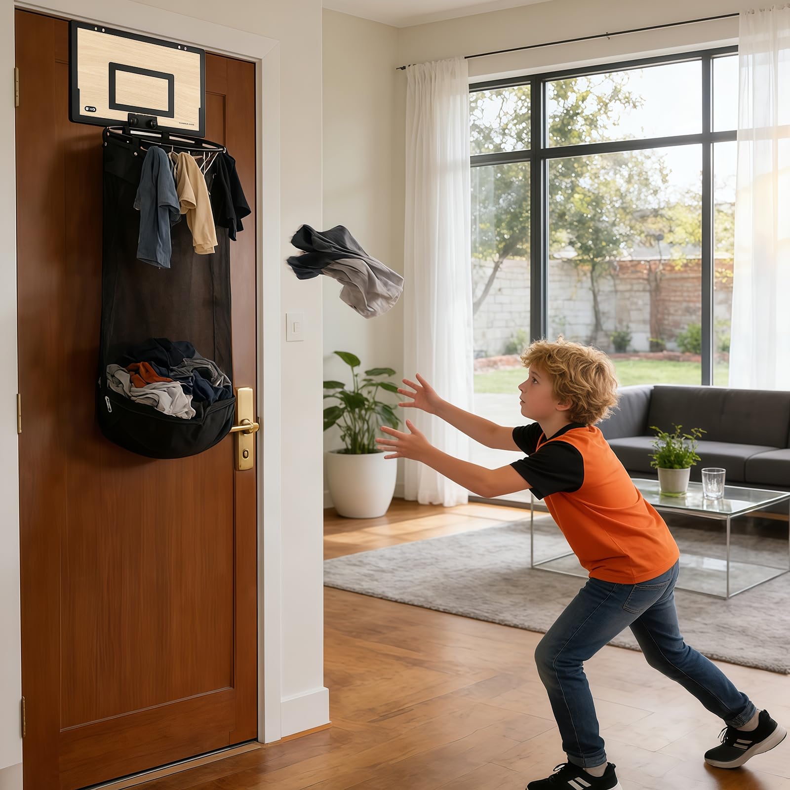 Wäschekorb mit Basketballkorb für die Tür, 2-in-1 Hängender Wäschekorb aus Holz mit Korb, Ball, abnehmbarem Beutel und Reißverschluss unten für Kinderzimmer, Studentenwohnheim (Holz)