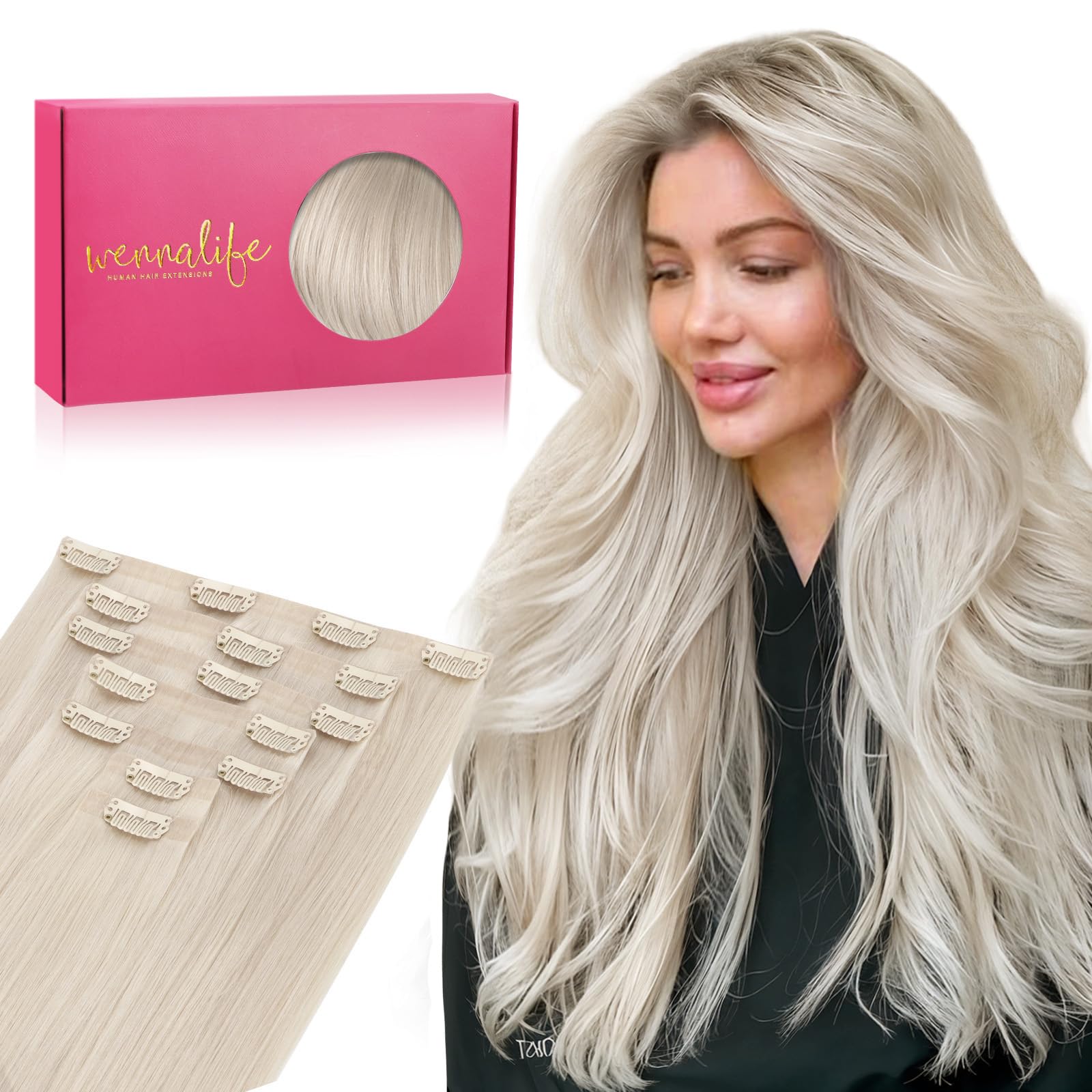 WENNALIFE Seamless Clip In Hair Extensions Human Hair, 16 Inch 130g 7pcs Platinum Blonde Real Hair Extensions Clip in Human Hair Invisible PU Skin