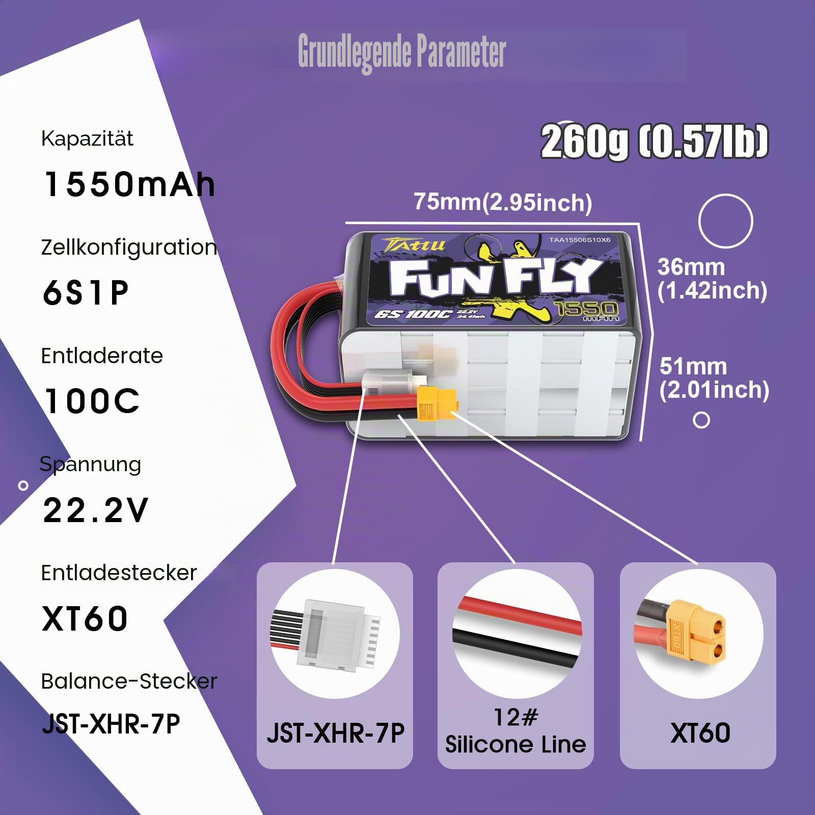 Tattu 6S lipo 1550mAh 22.2V 100C Funfly Lipo akku mit XT60 Stecker für UAV Drone FPV Quadcopters