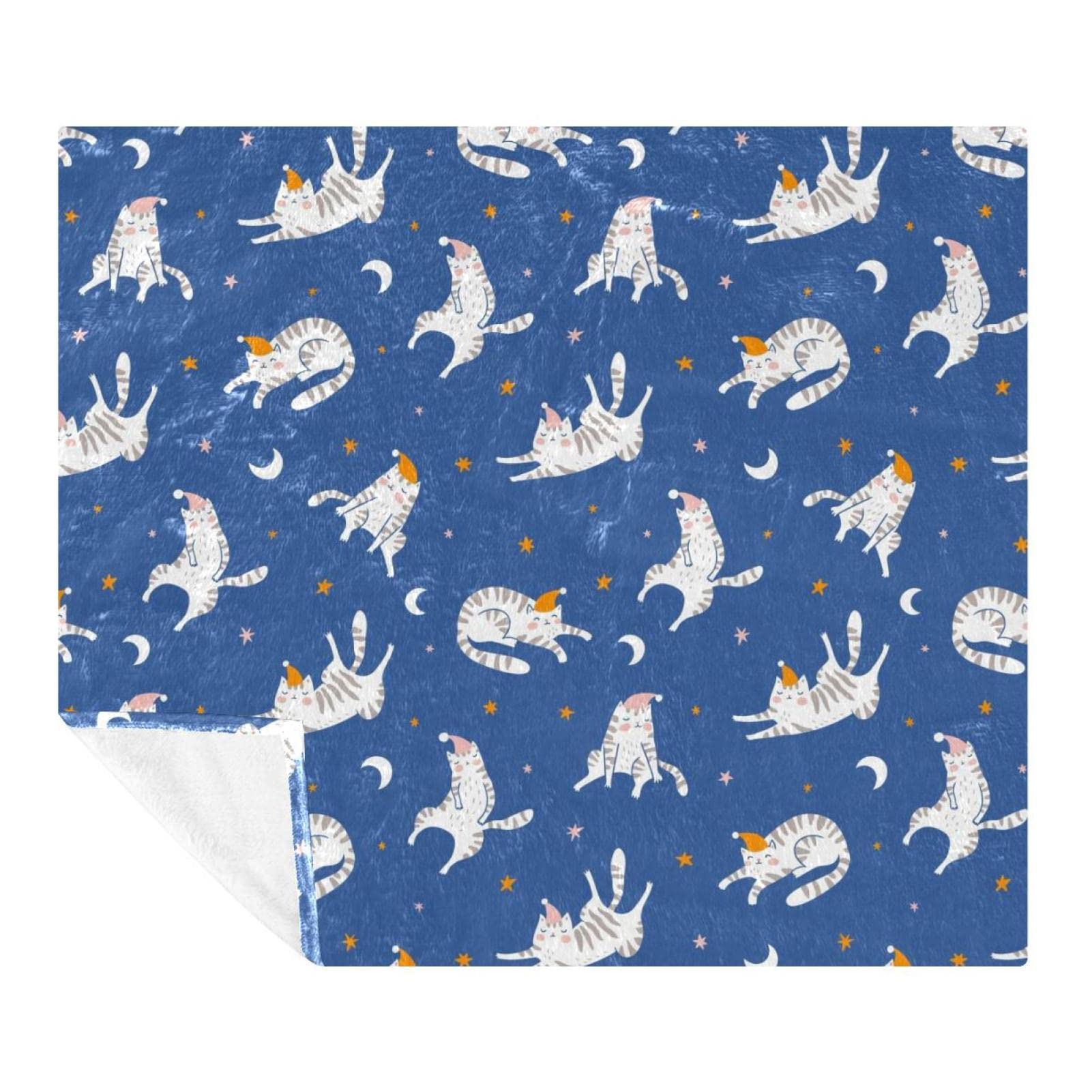 Couverture polaire microfibre motif chats lune et étoiles avec bonnet de nuit inclus