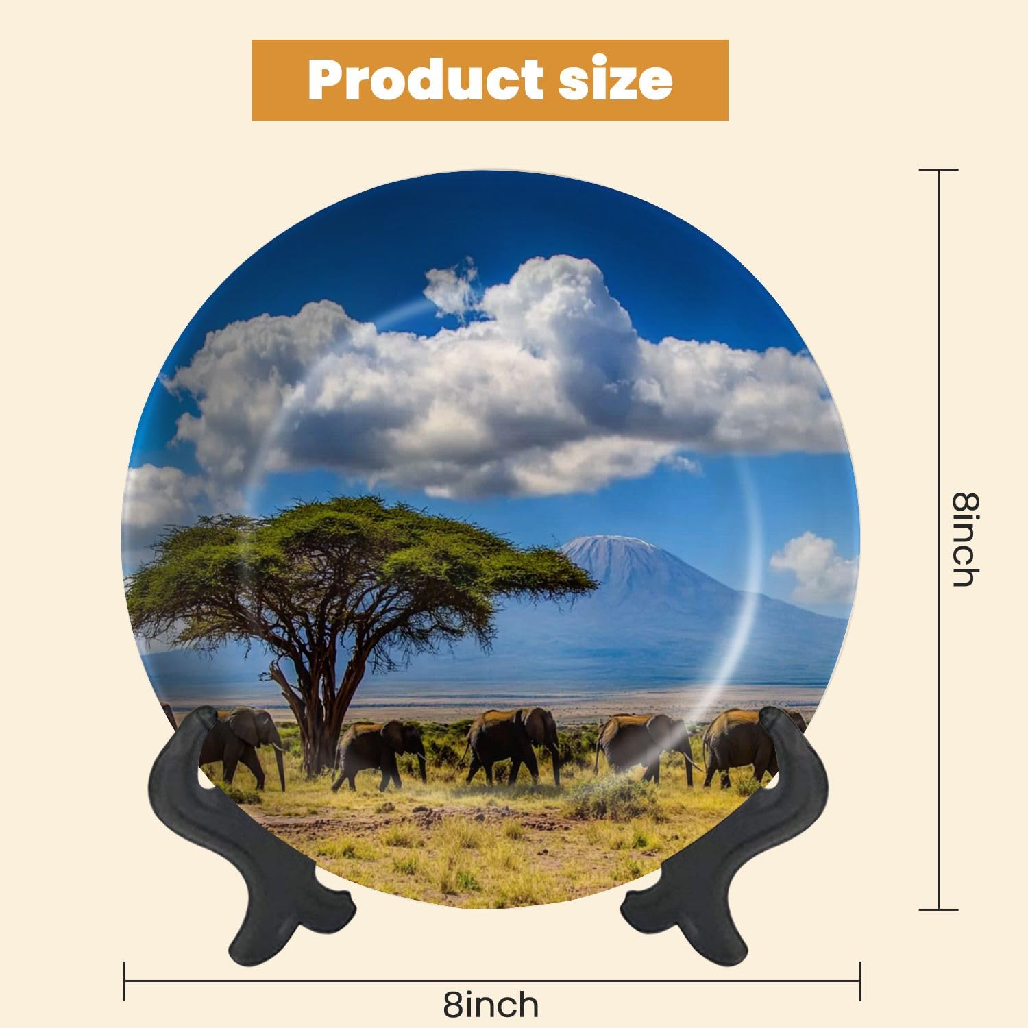Decorative Plates for Display African elephants walking Savannah Mount Kilimanjaro Gift Plates Ceramic Collections Plates Hanging Artwork for Living Dining Room Kitchen Souvenir