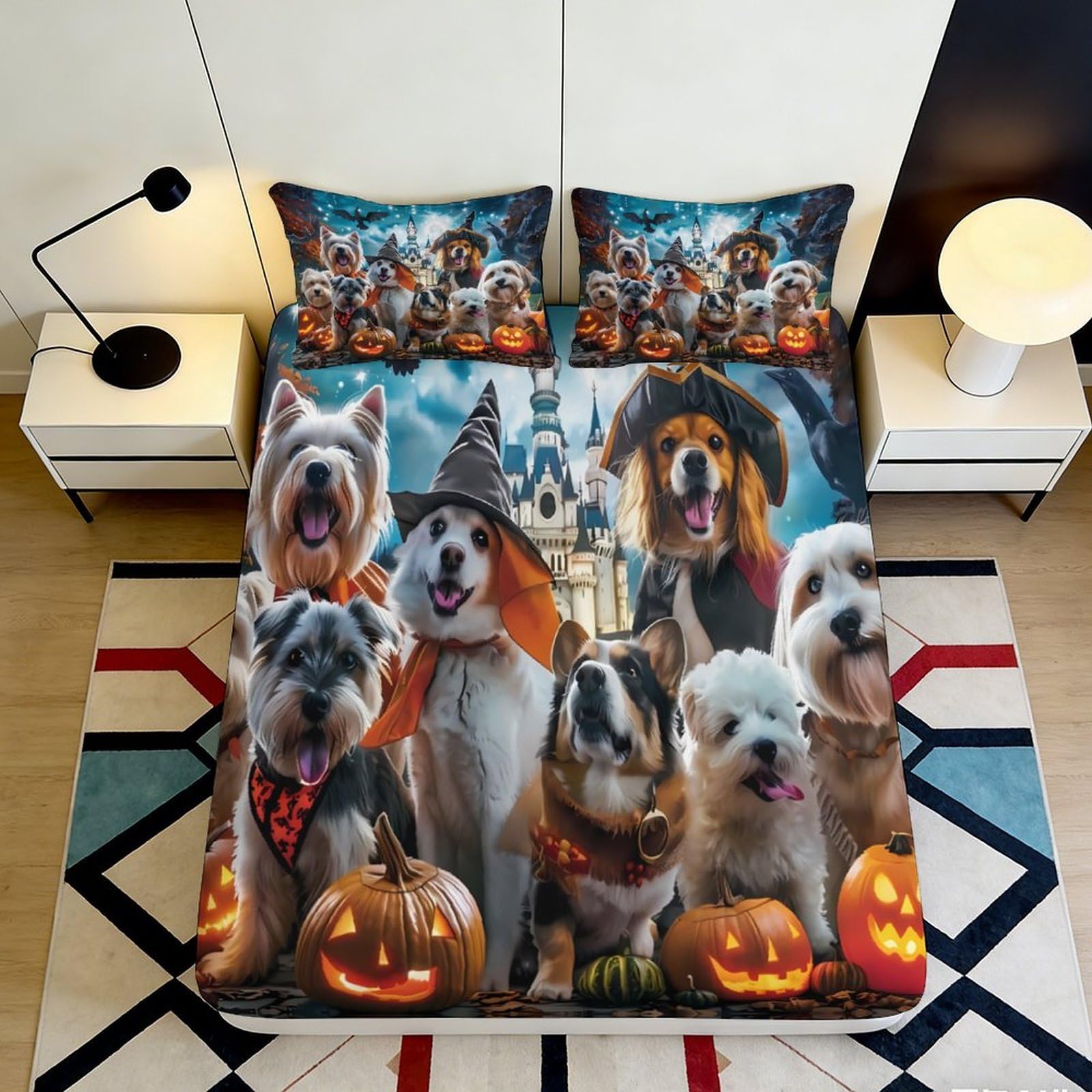 3D Printed Halloween Dog Fitted Sheet Microfiber Soft Pumpkin Castle Bed Cover for Bedroom Guest Room Mattress Decor 90x200x25cm