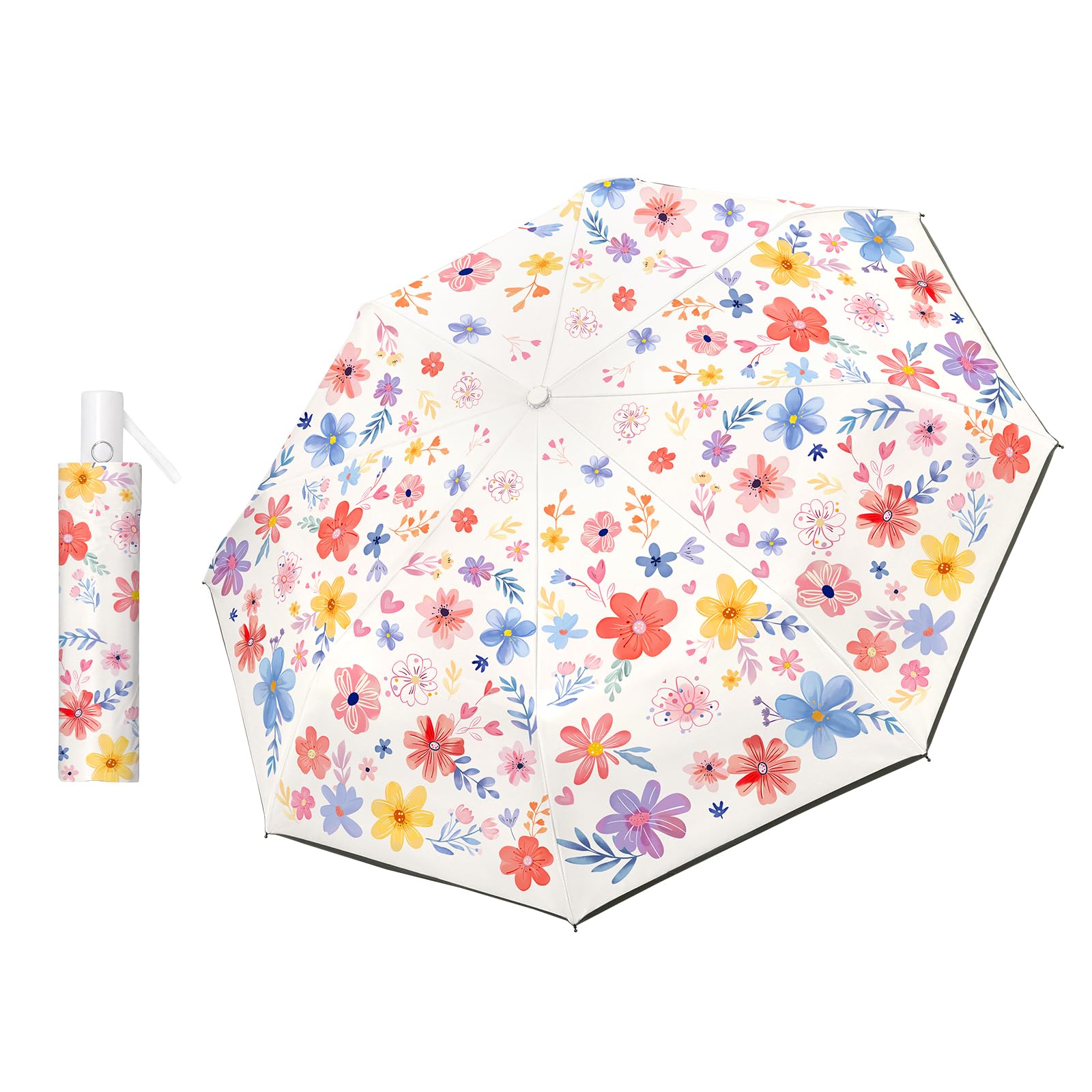 decalsweet Parapluie Pliant Enfant Anti-UV, Parapluie Compact Léger Automatique Anti-Rebond avec Bande Réfléchissante, Mini Parapluie de Voyage pour Bebe, Filles, Garçons, Fleurs et Plantes