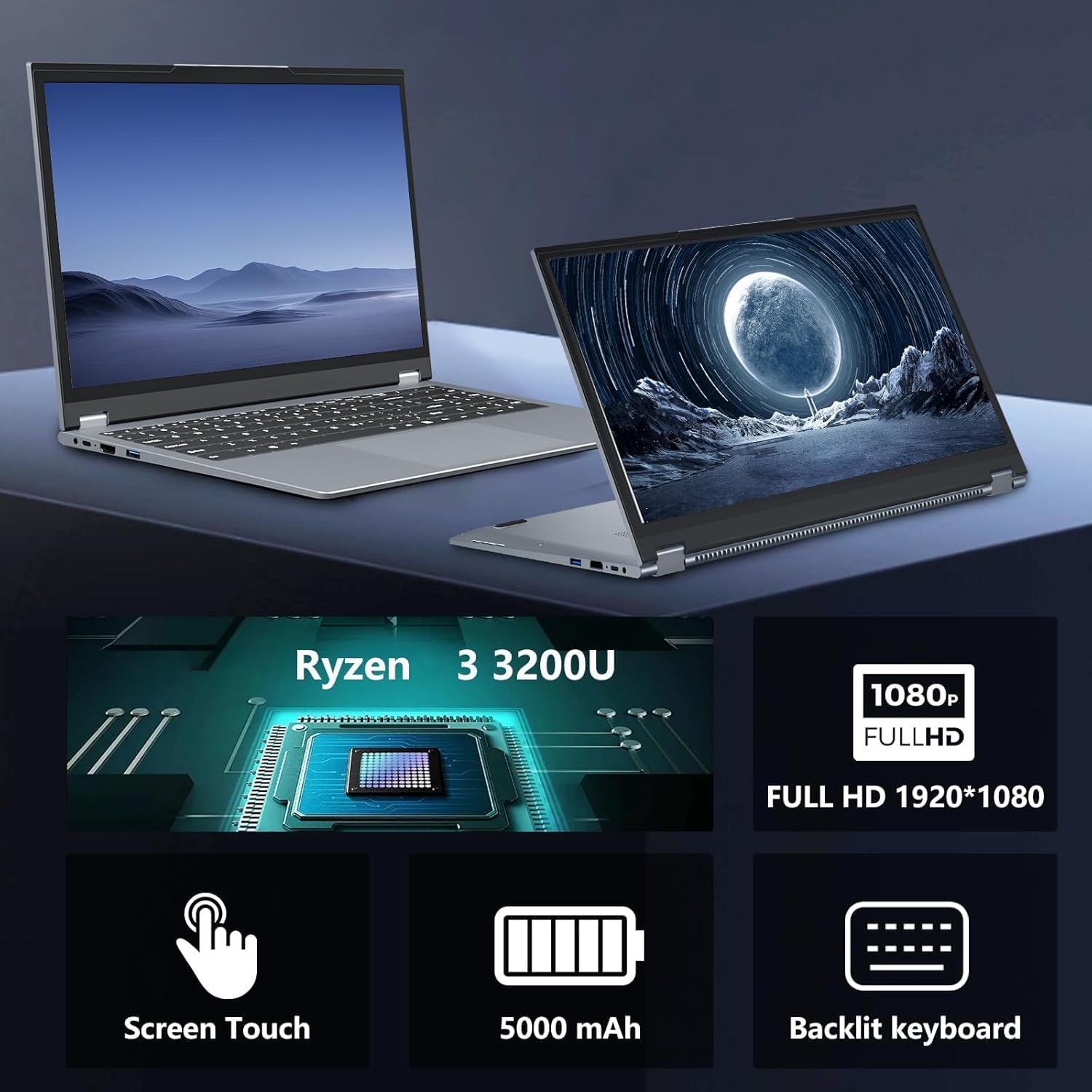 Tunhail 2026 Laptop15.6 Inch 2 in 1 Laptop, notebook laptop Ryzen R3-3200U(Up to 3.5 GHz), laptops Computer 16GB RAM 512GB SSD,1920X1080 FHD,WiFi 5 BT5.1 Backlit Keyboard,RJ45 Type- C,360° Rotating — view 3