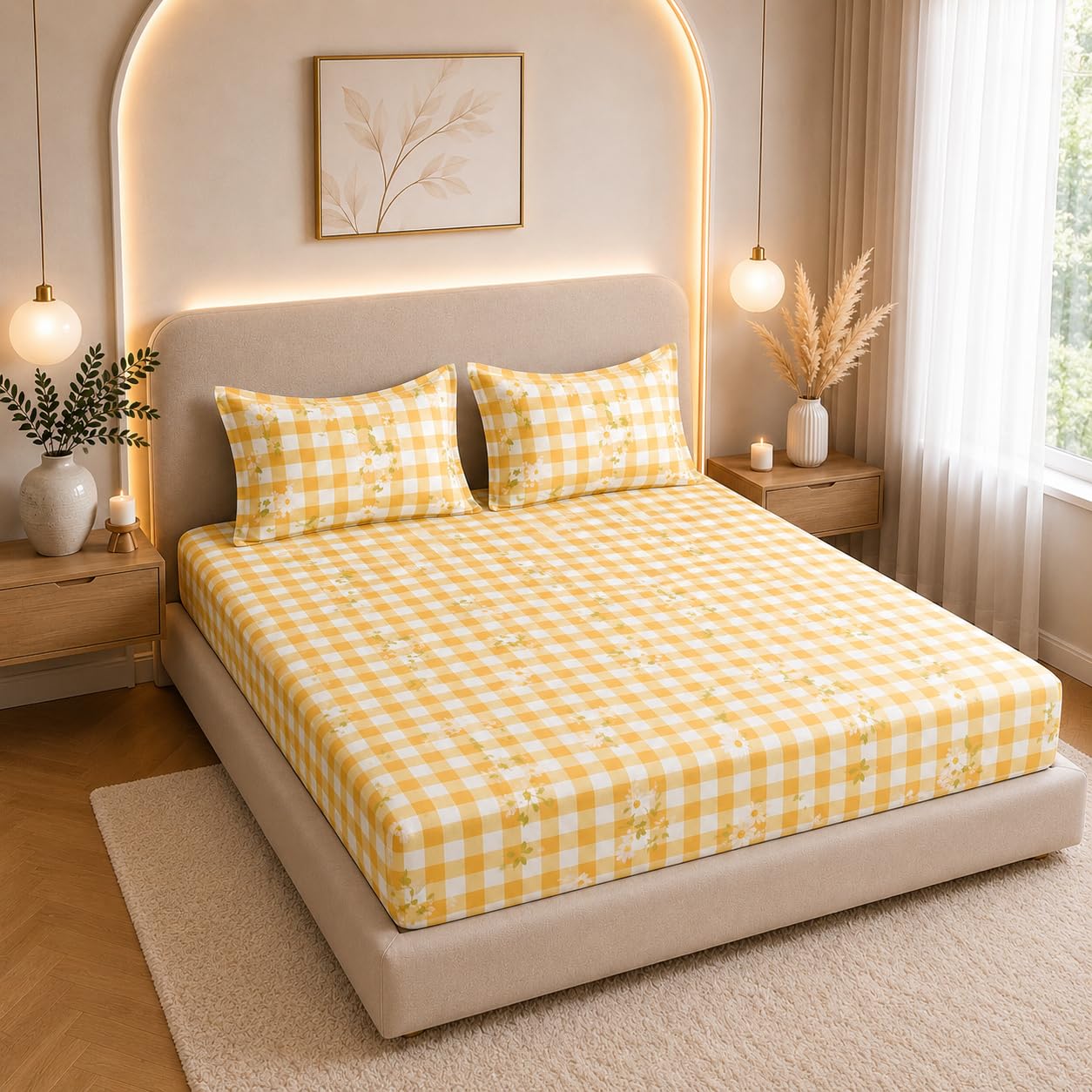 THE HOME STYLE Cotton Feel Glace Cotton Elastic Fitted Printed Queen Size Double Bed Bedsheet with 2 Pillow Cover Fits Upto 8 Inches Mattress (60"x78", Daisy Sunshine Check)