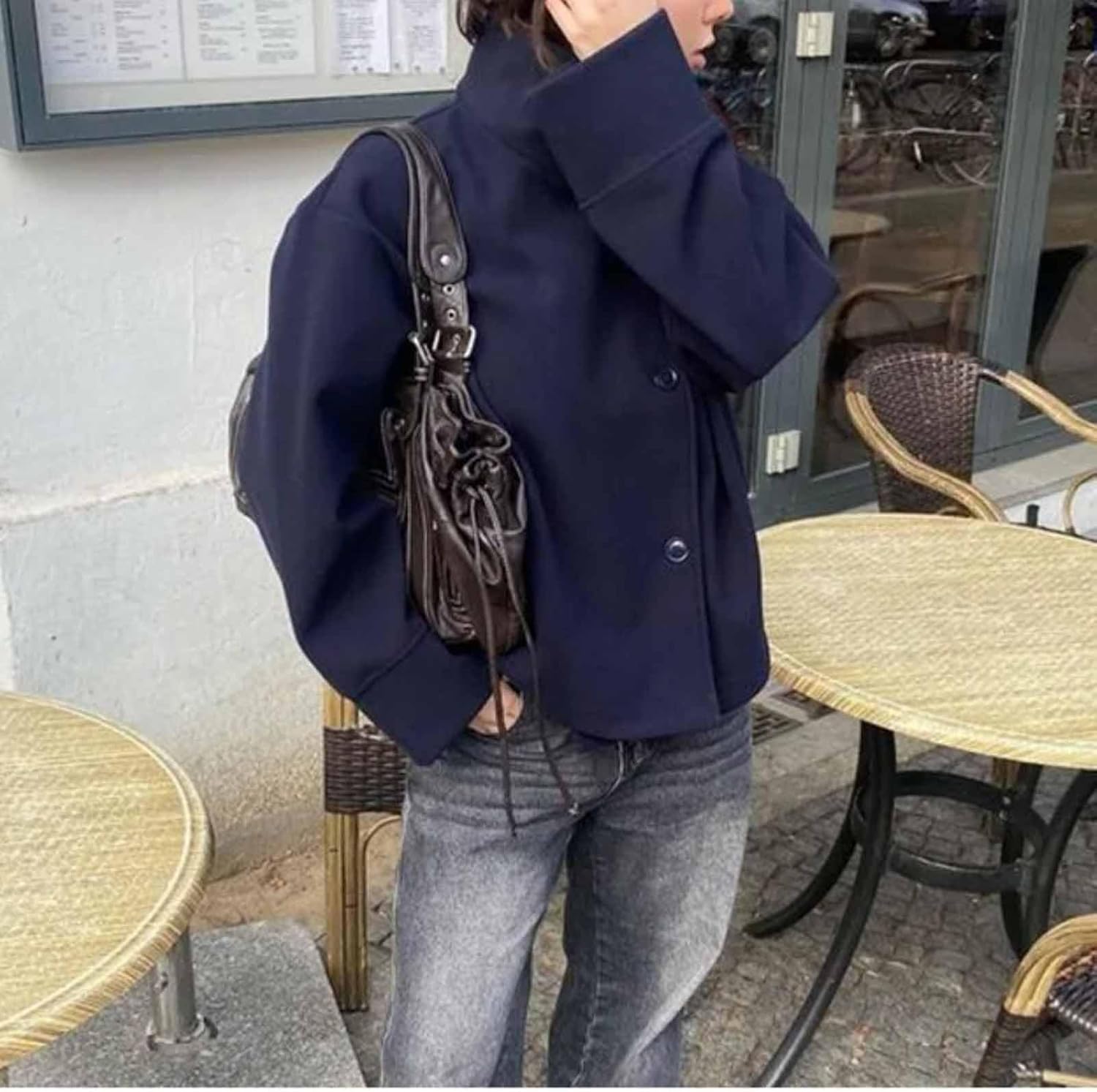 Dawery Solid High Neck Double Button Topcoat Dropped Shoulder Loose Autumn Short Jacket Women Urban Casual Lady Outerwear